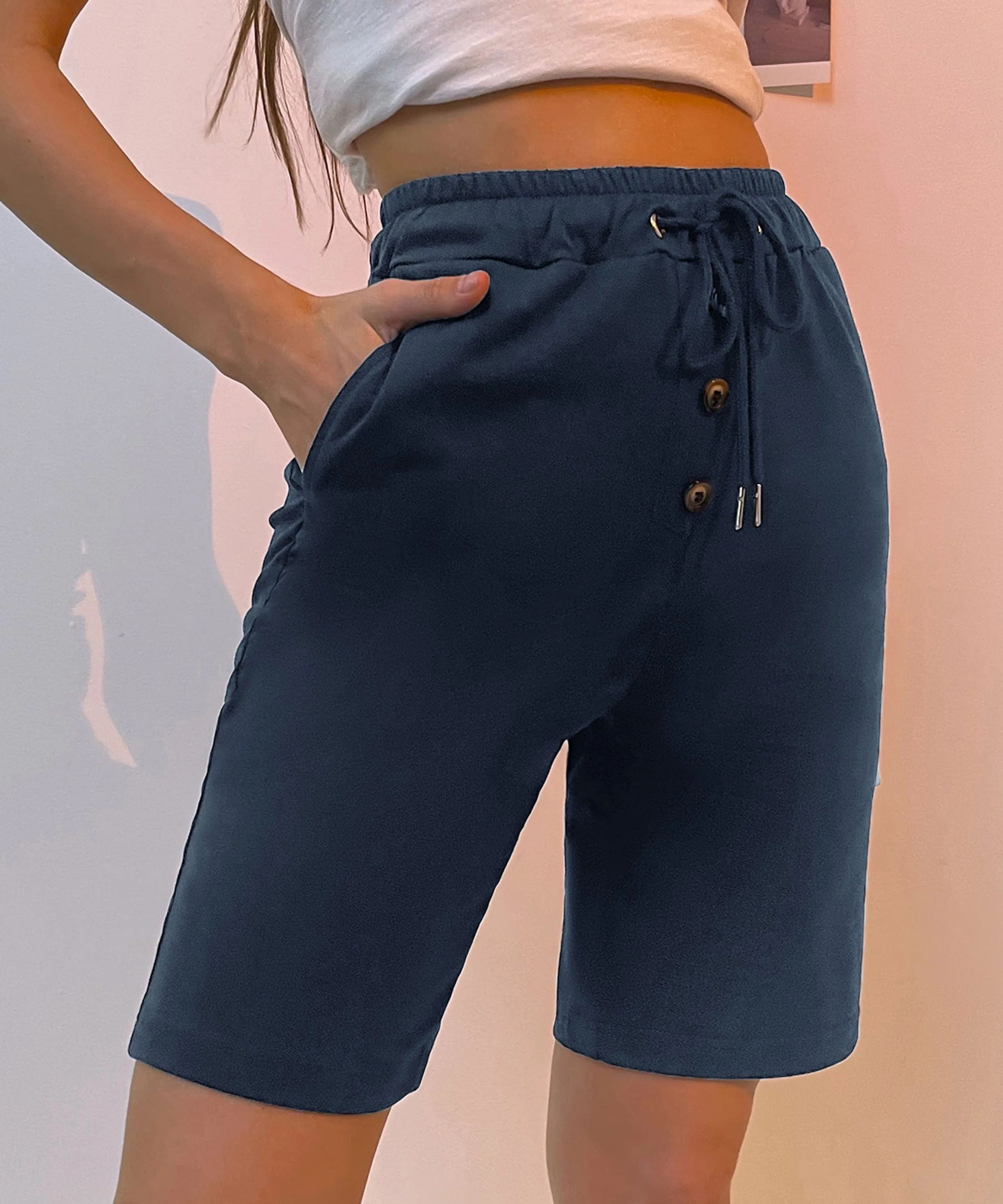 Solid Drawstring Bermuda Shorts - Image 20
