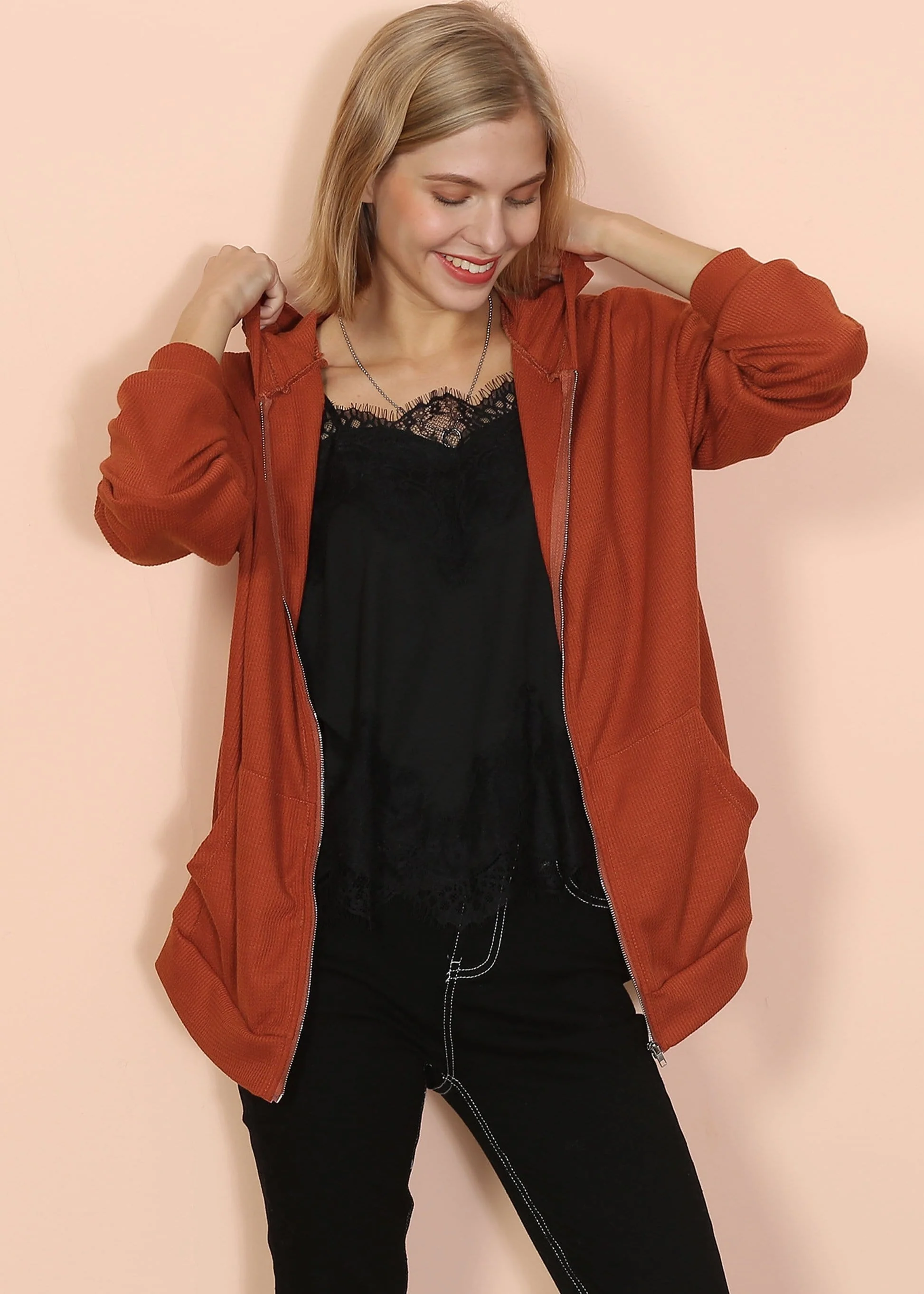 Solid Drop Shoulder Knit Hoodie - Image 10