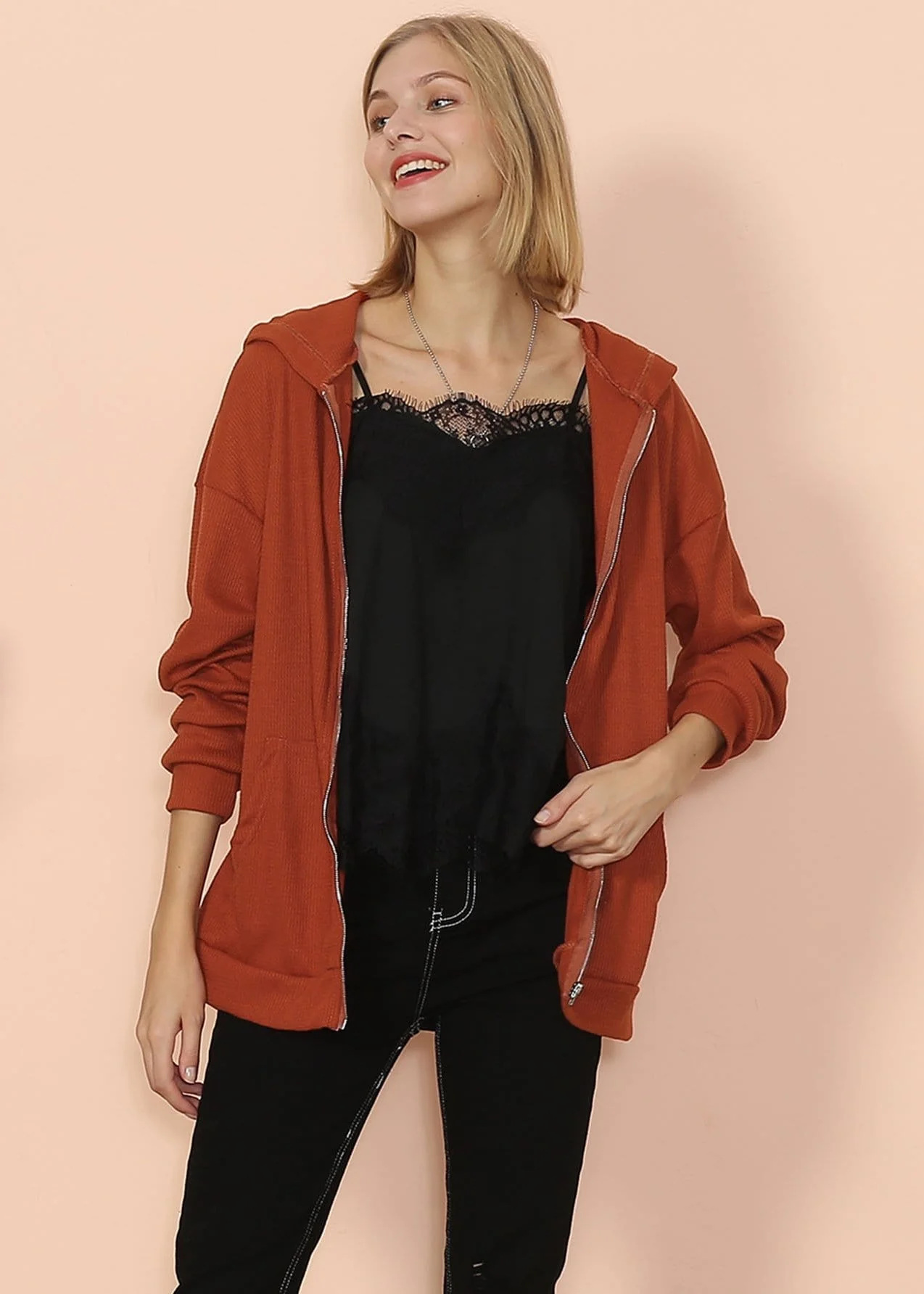 Solid Drop Shoulder Knit Hoodie - Image 15