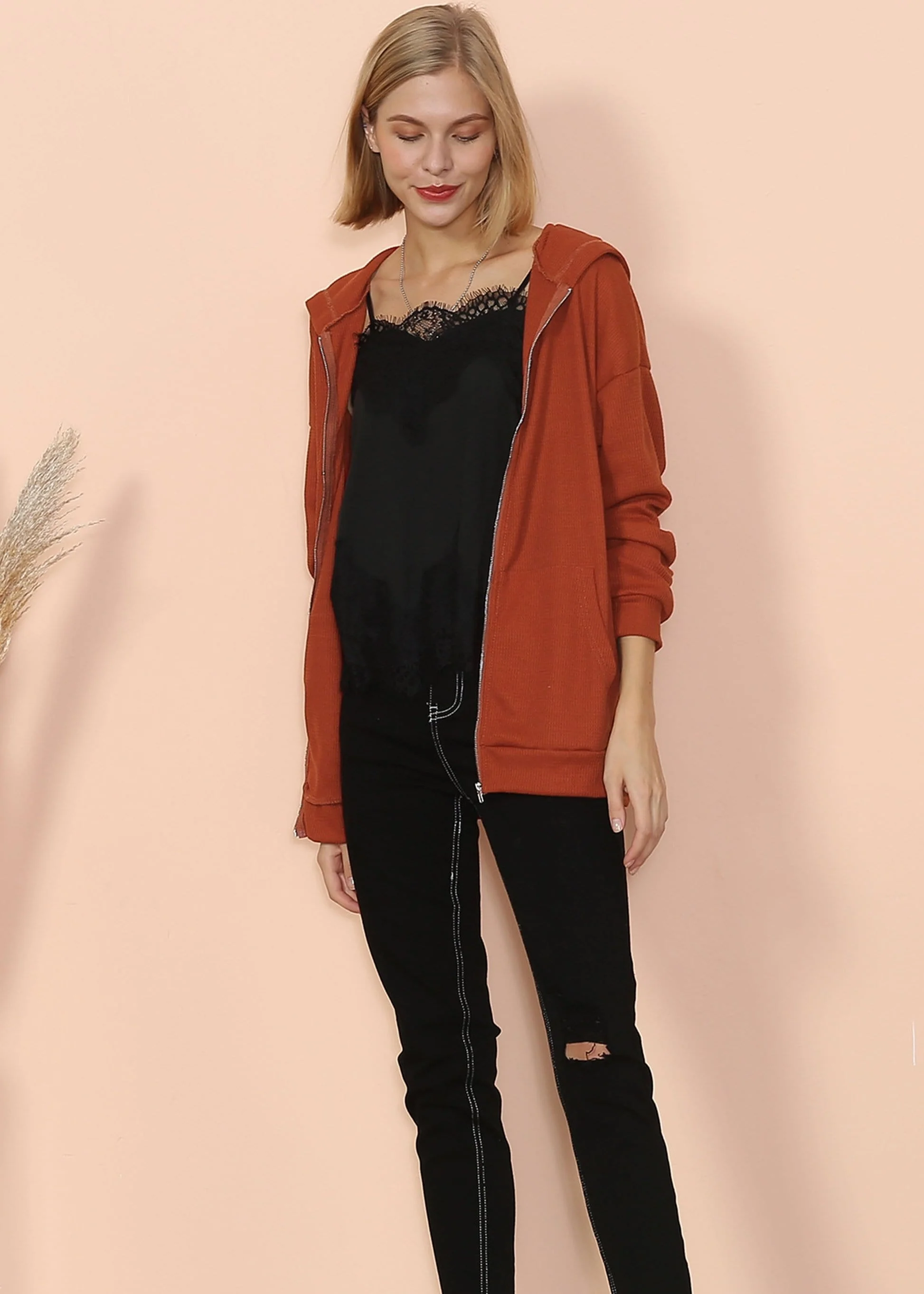 Solid Drop Shoulder Knit Hoodie - Image 16