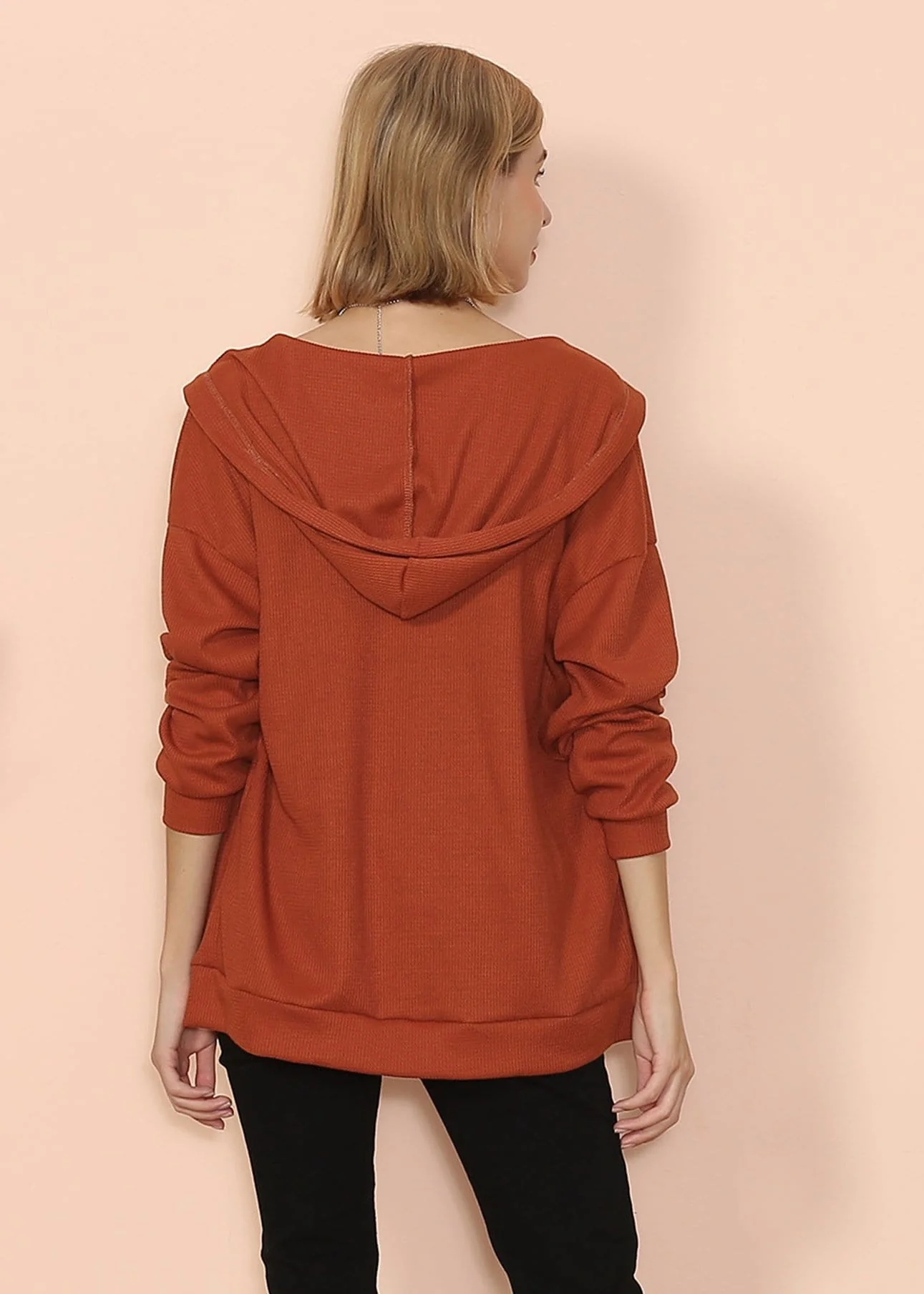 Solid Drop Shoulder Knit Hoodie - Image 2