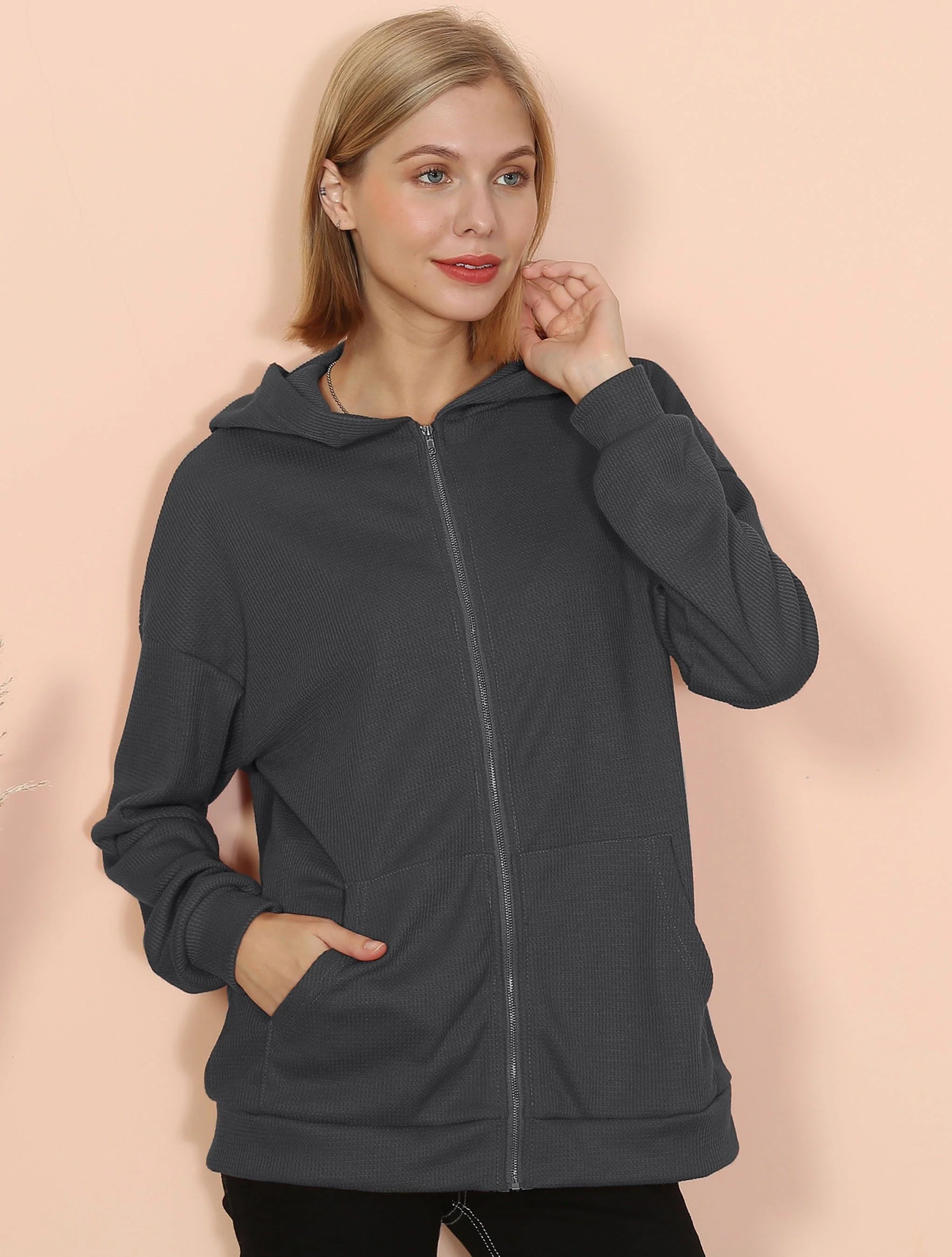 Solid Drop Shoulder Knit Hoodie - Image 3