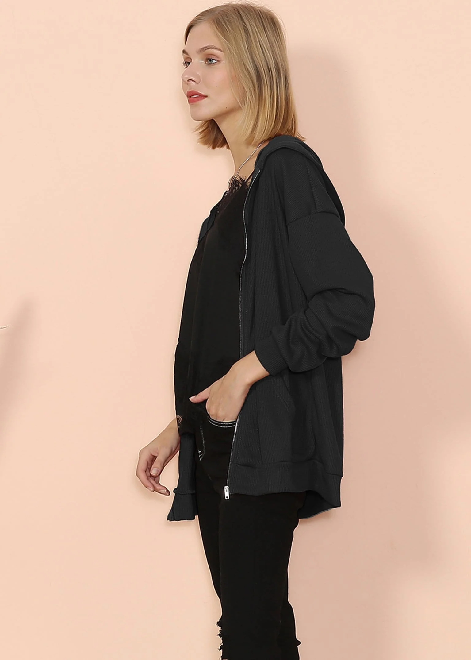 Solid Drop Shoulder Knit Hoodie - Image 4
