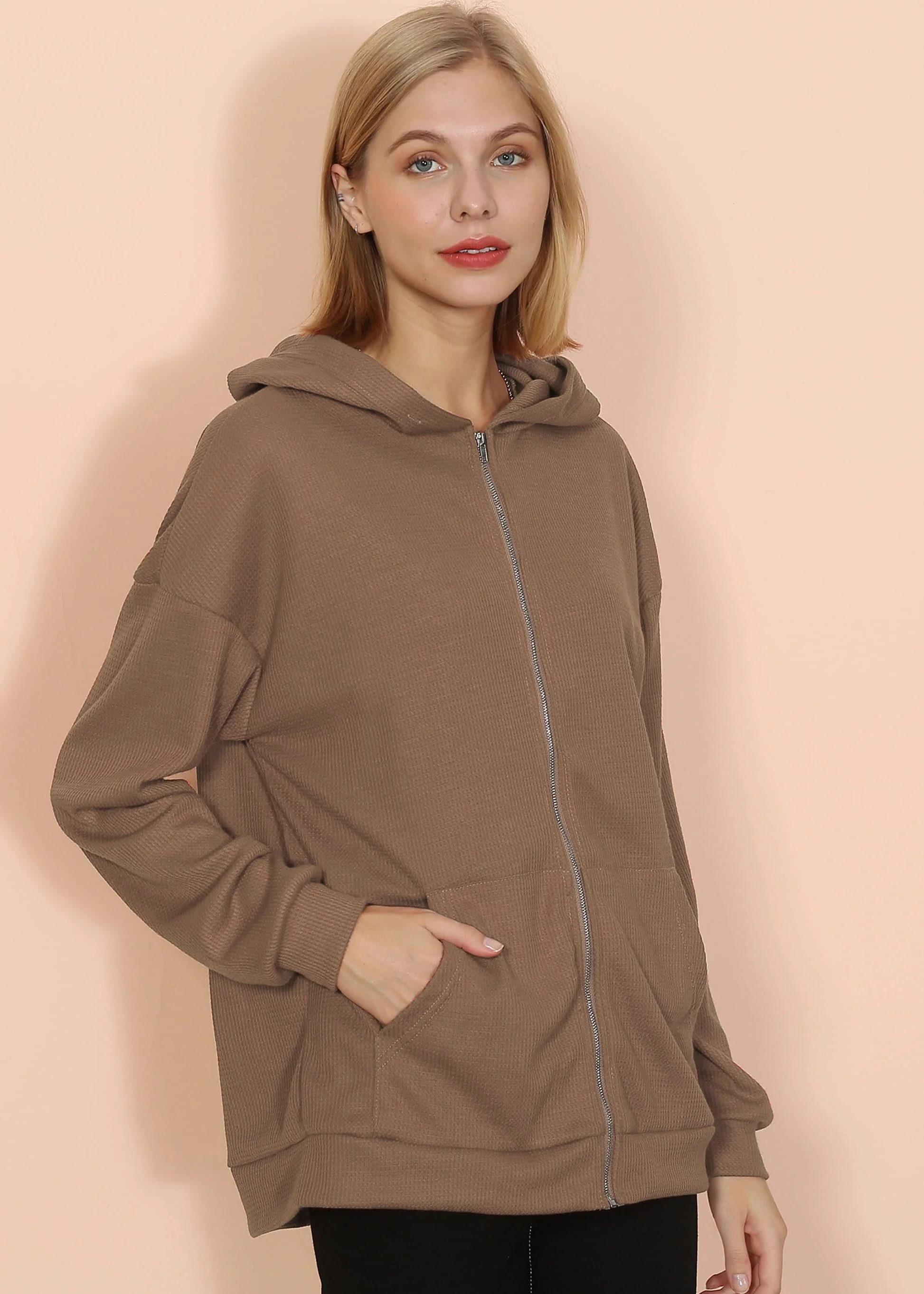 Solid Drop Shoulder Knit Hoodie - Image 5