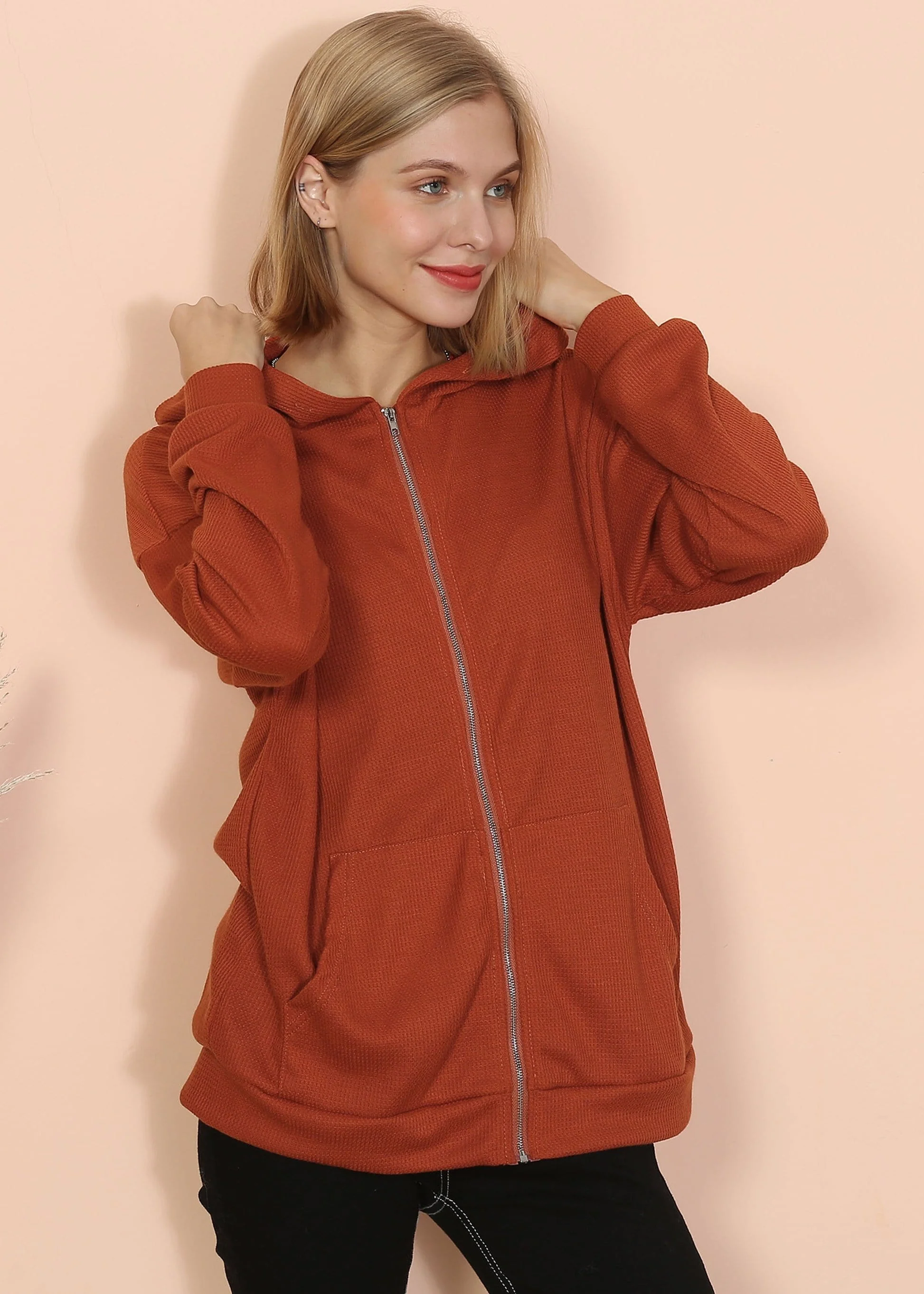 Solid Drop Shoulder Knit Hoodie - Image 7
