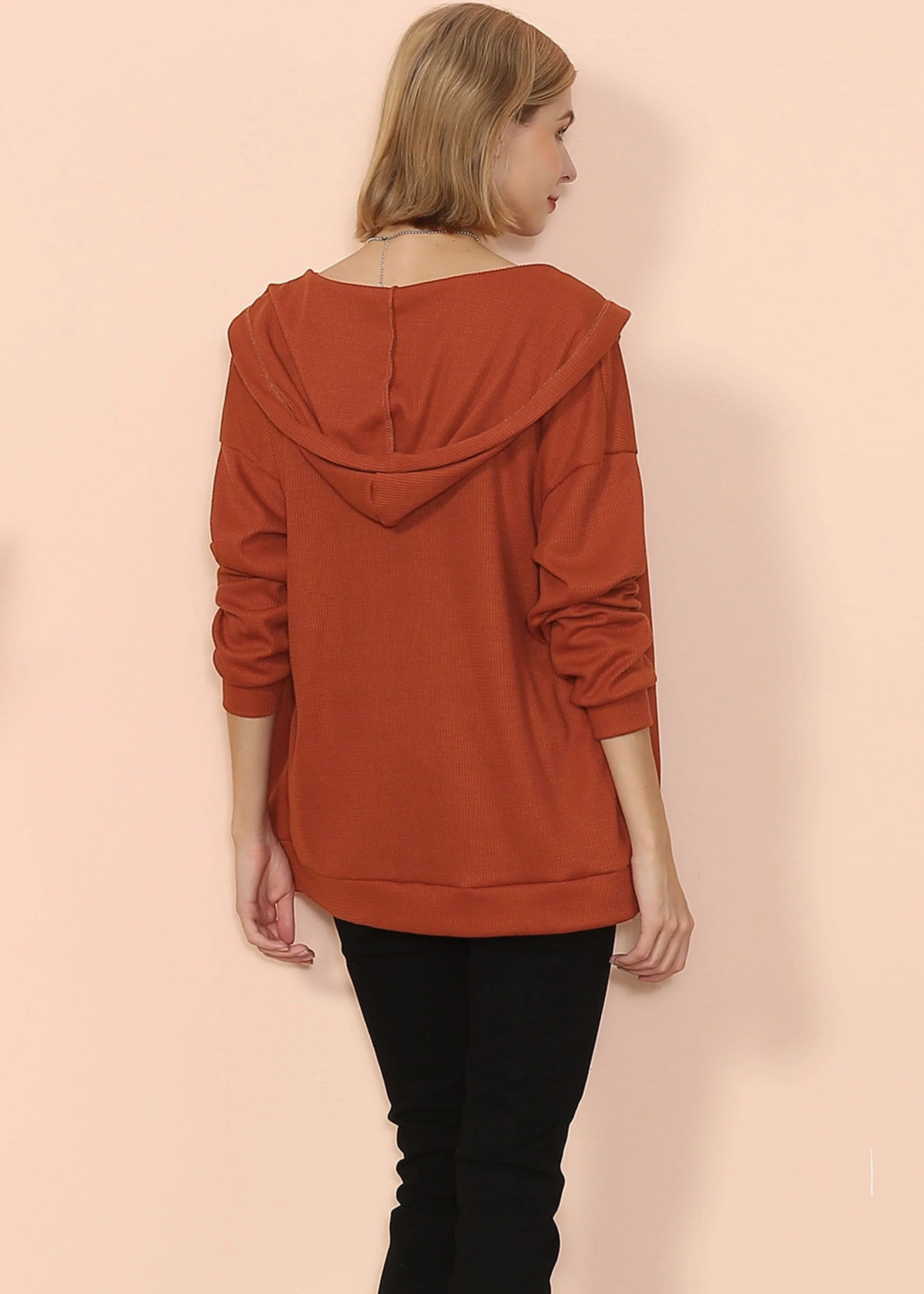 Solid Drop Shoulder Knit Hoodie - Image 8