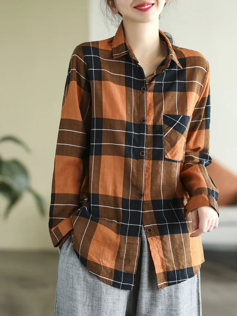 Spring Long Sleeve Stylish Lapel Plaid Loose Causal Shirt Dress - Image 2