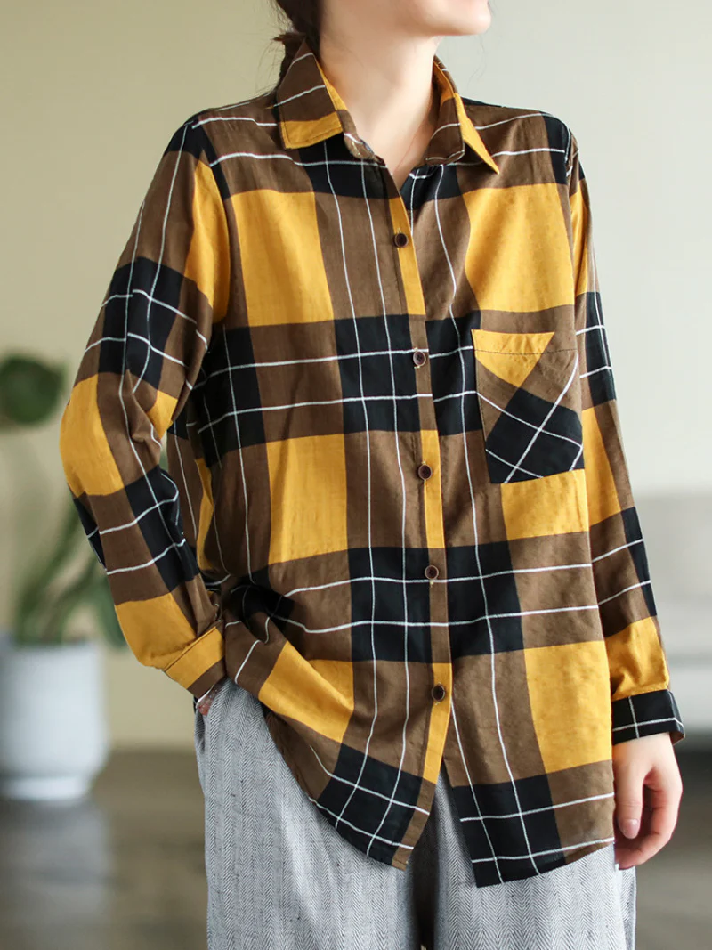 Spring Long Sleeve Stylish Lapel Plaid Loose Causal Shirt Dress - Image 3