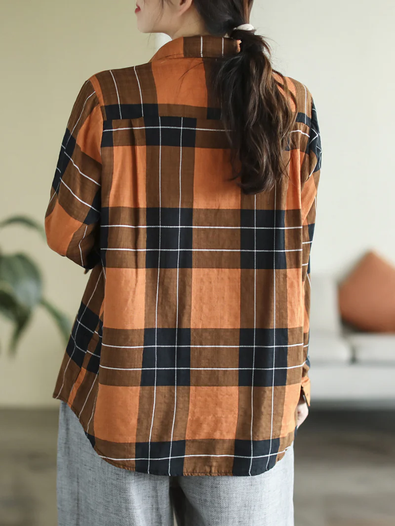 Spring Long Sleeve Stylish Lapel Plaid Loose Causal Shirt Dress - Image 6