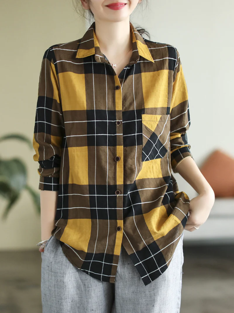 Spring Long Sleeve Stylish Lapel Plaid Loose Causal Shirt Dress - Image 7
