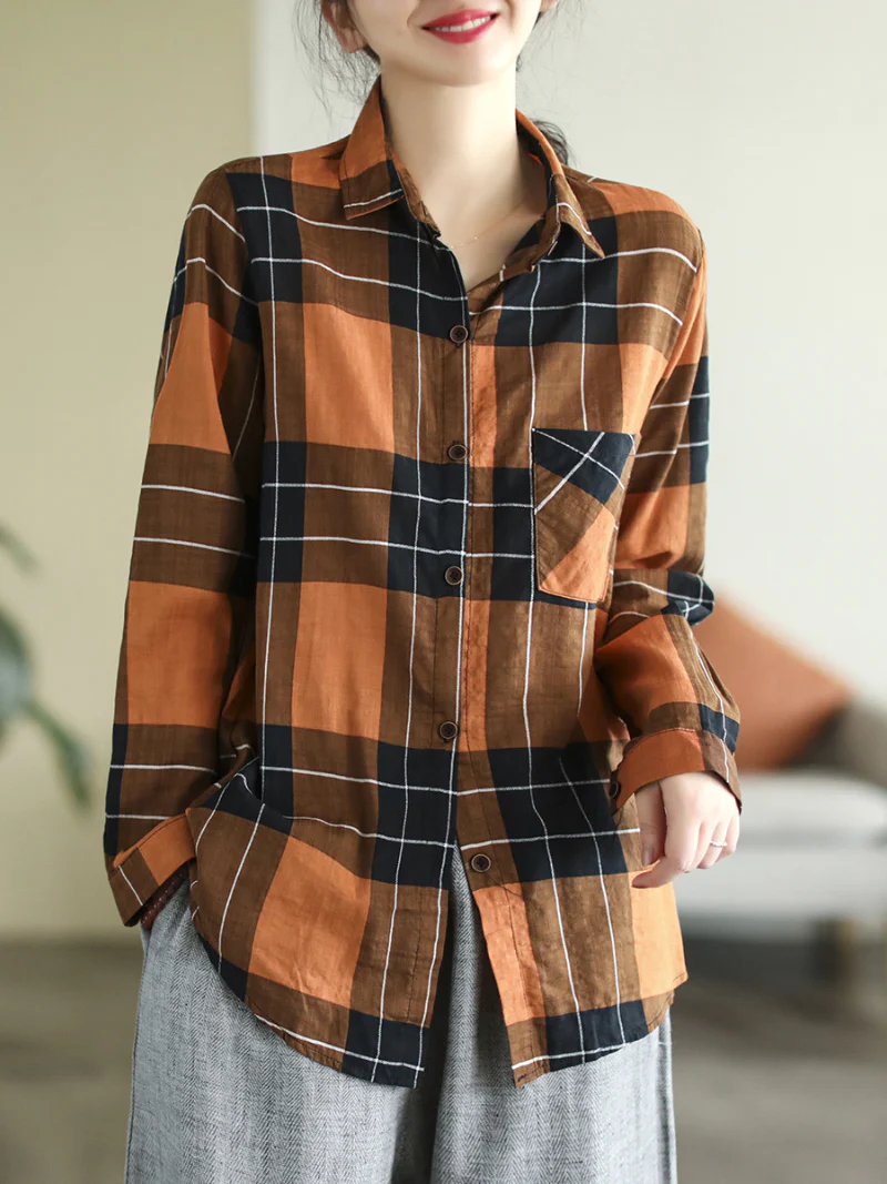 Spring Long Sleeve Stylish Lapel Plaid Loose Causal Shirt Dress - Image 8