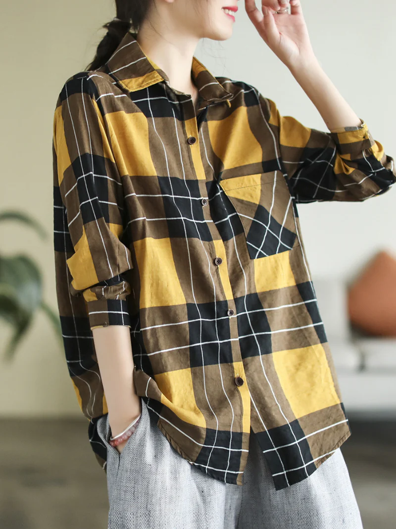 Spring Long Sleeve Stylish Lapel Plaid Loose Causal Shirt Dress - Image 9