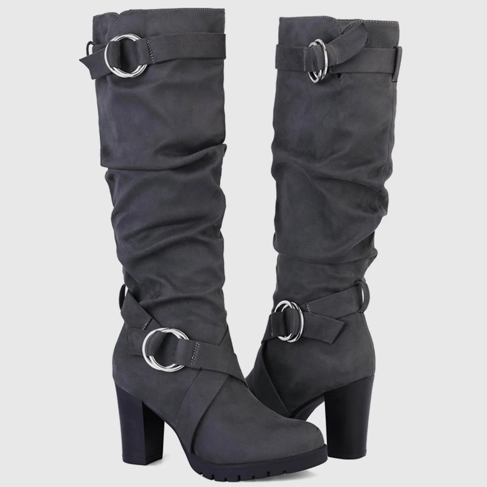 Stacked Knee High Boots with Round Buckle - Image 10