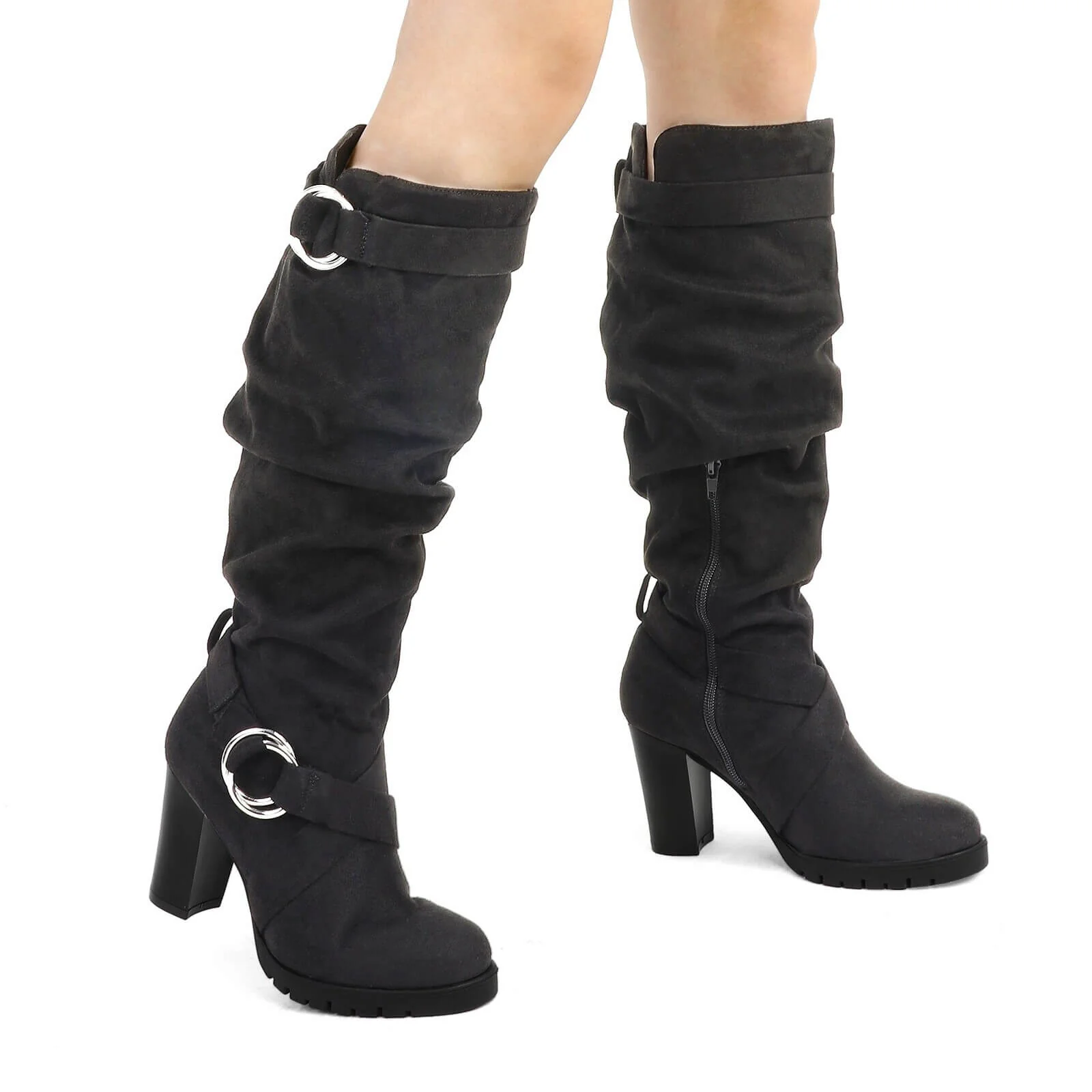 Stacked Knee High Boots with Round Buckle - Image 11