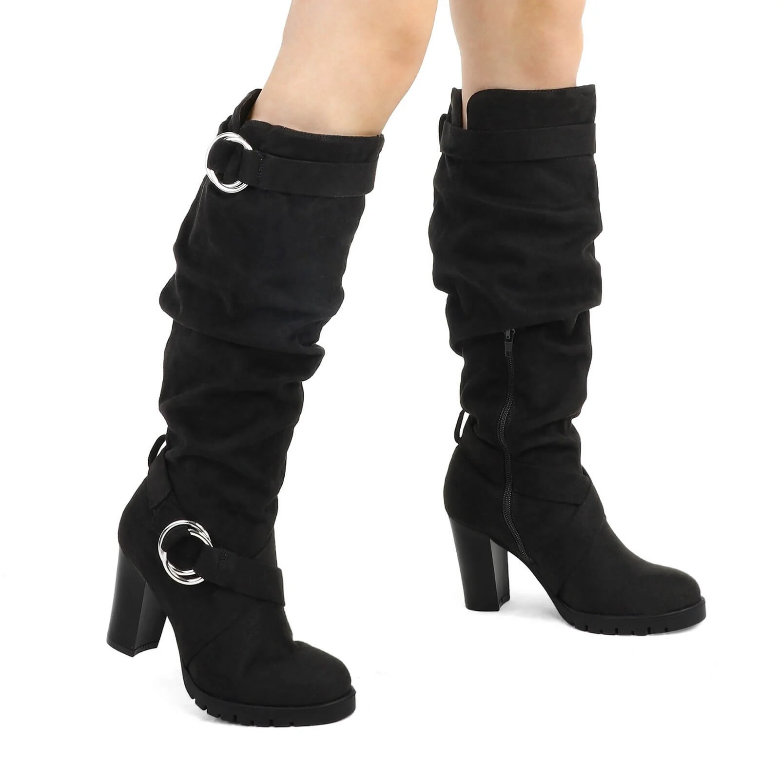 Stacked Knee High Boots with Round Buckle - Image 3