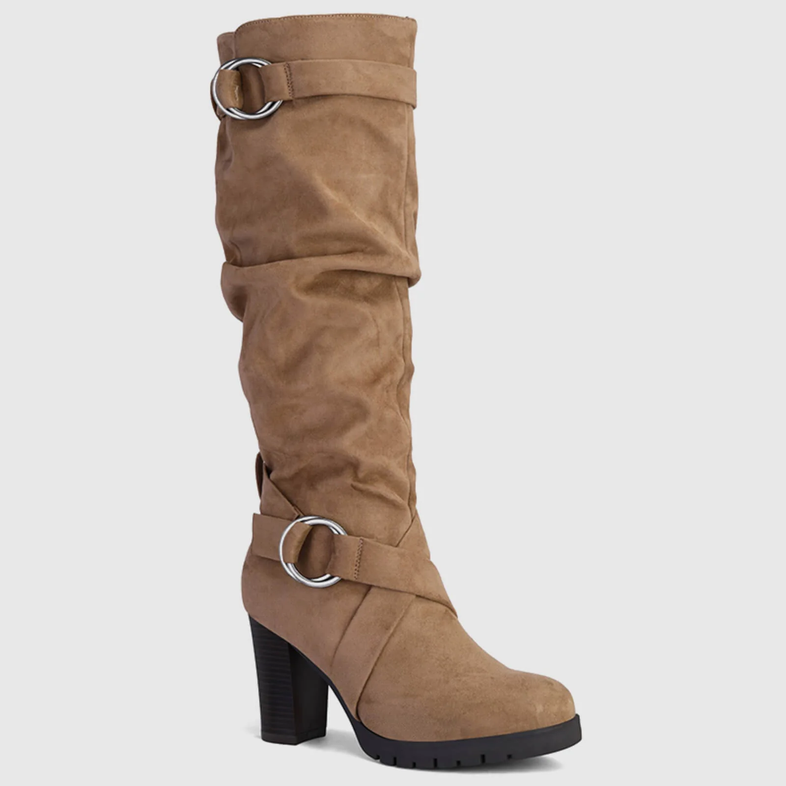 Stacked Knee High Boots with Round Buckle - Image 5