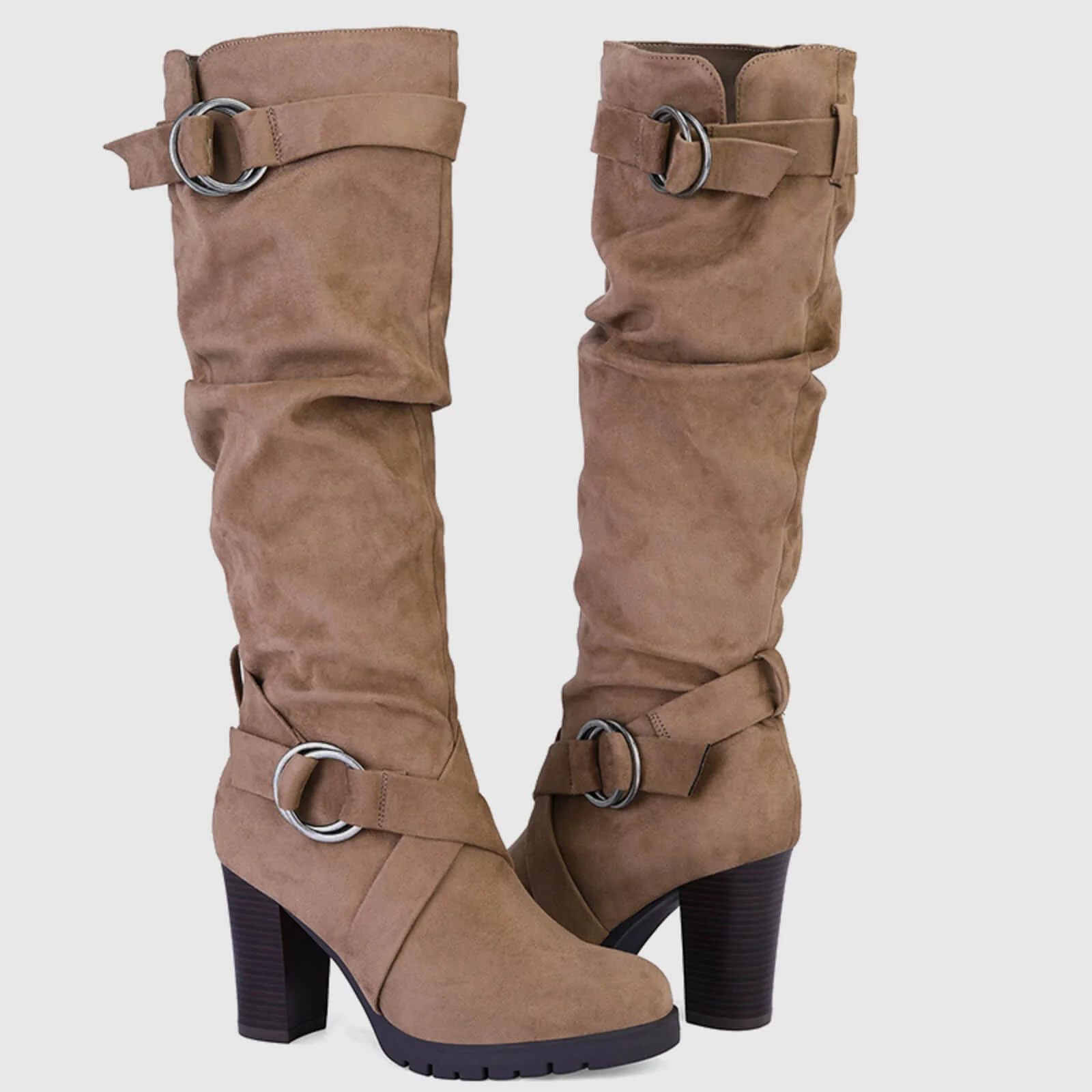 Stacked Knee High Boots with Round Buckle - Image 6