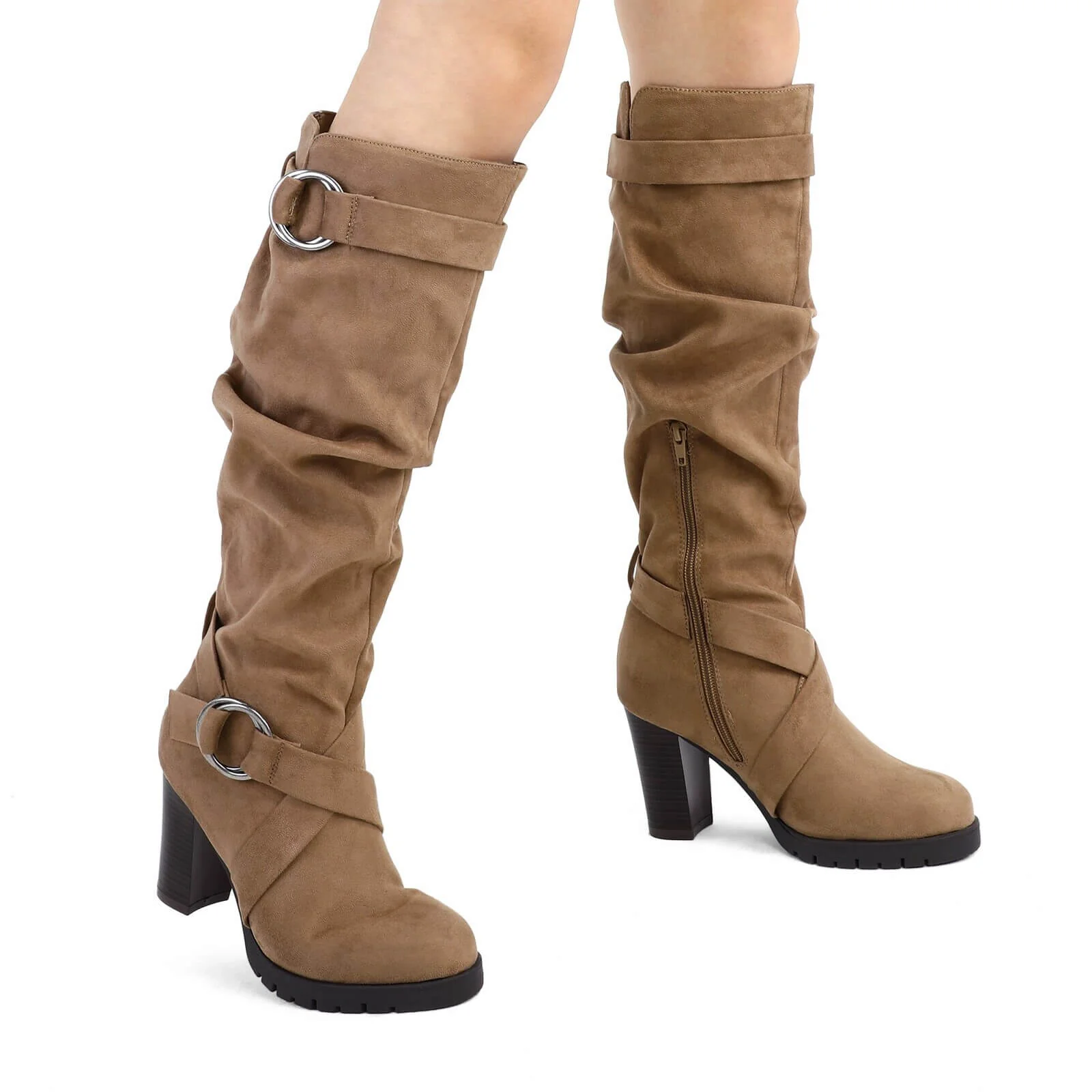 Stacked Knee High Boots with Round Buckle - Image 7