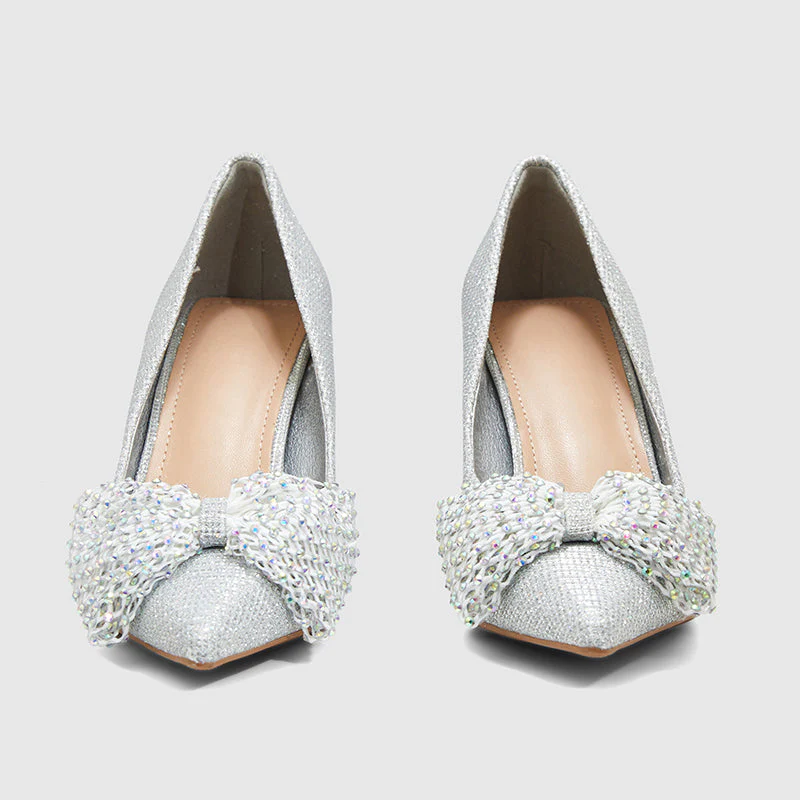 Stiletto Pointed Head Pearl Bowknot Pumps - Image 4