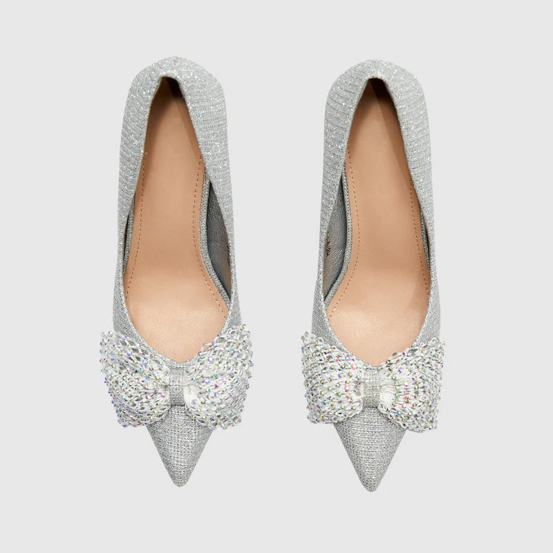 Stiletto Pointed Head Pearl Bowknot Pumps - Image 6