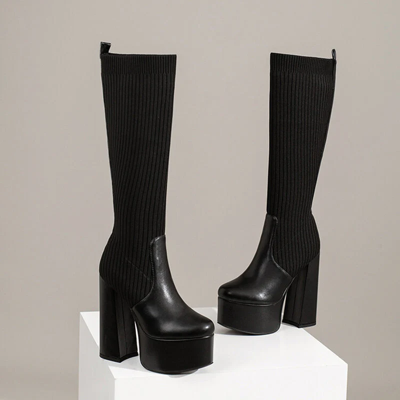 Stretchy Chunky Heels Boots - Image 2