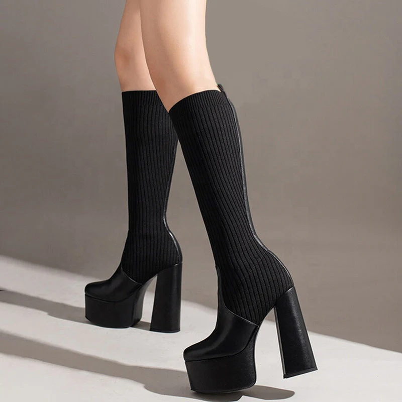 Stretchy Chunky Heels Boots - Image 6