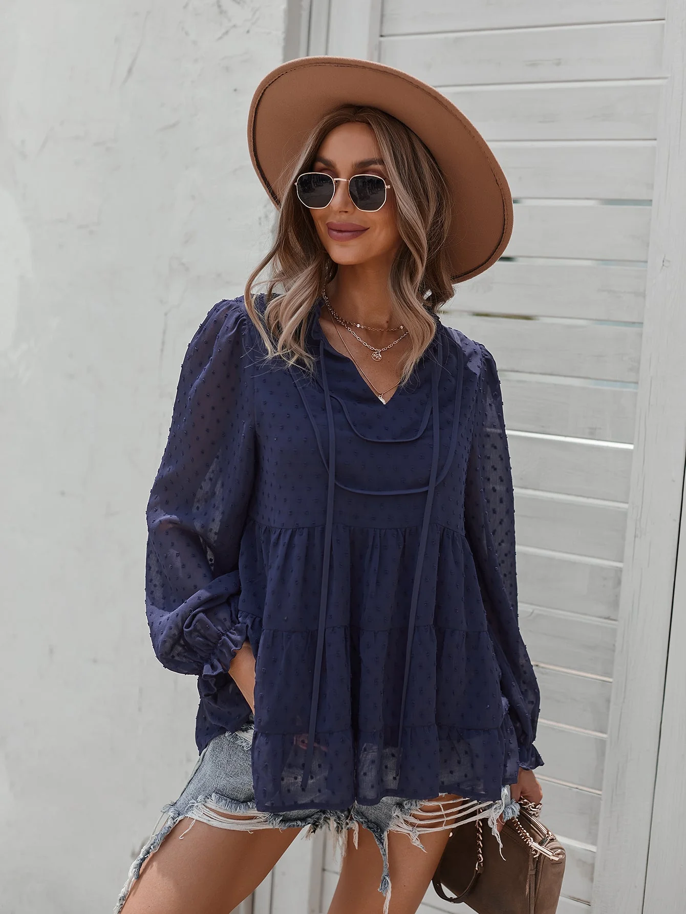 Tie Neck Bib Style Blouse - Image 17