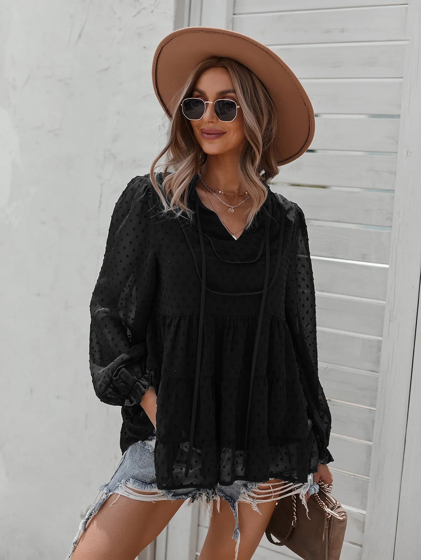 Tie Neck Bib Style Blouse - Image 3