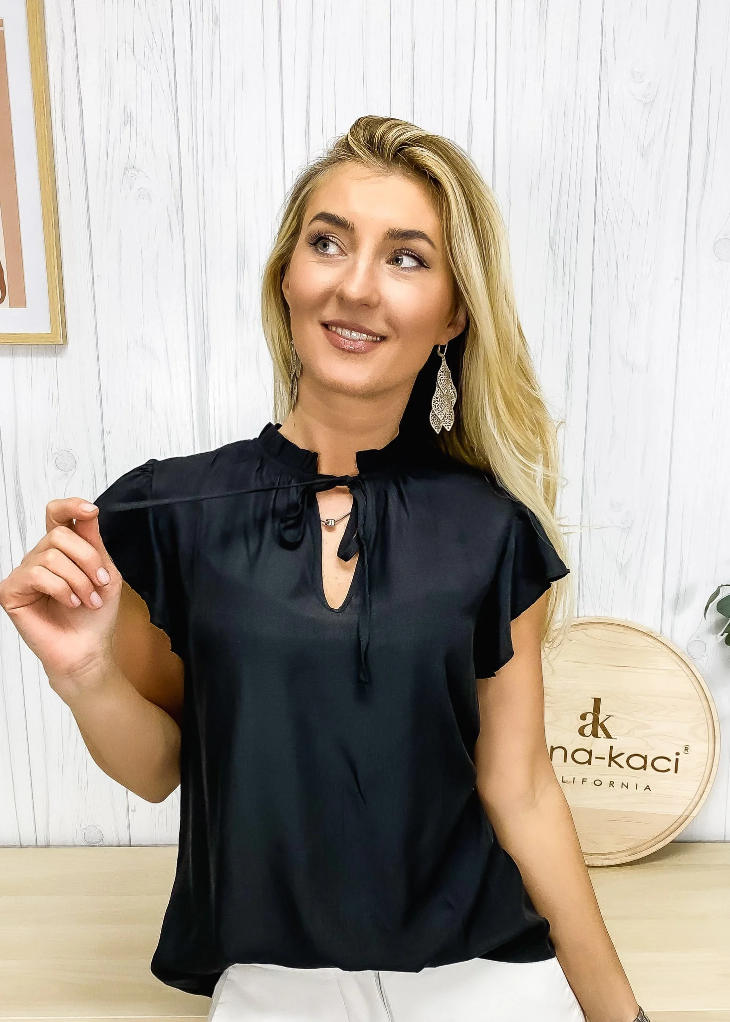 Tie Neck Flutter Sleeve Blouse - Image 3