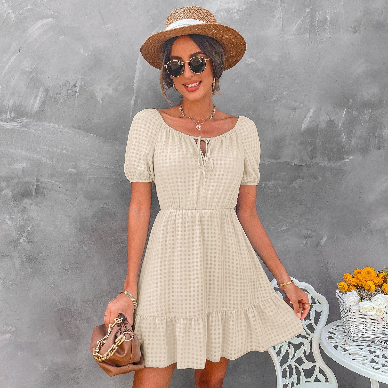 Tie Neck Gingham Print Dress - Image 10