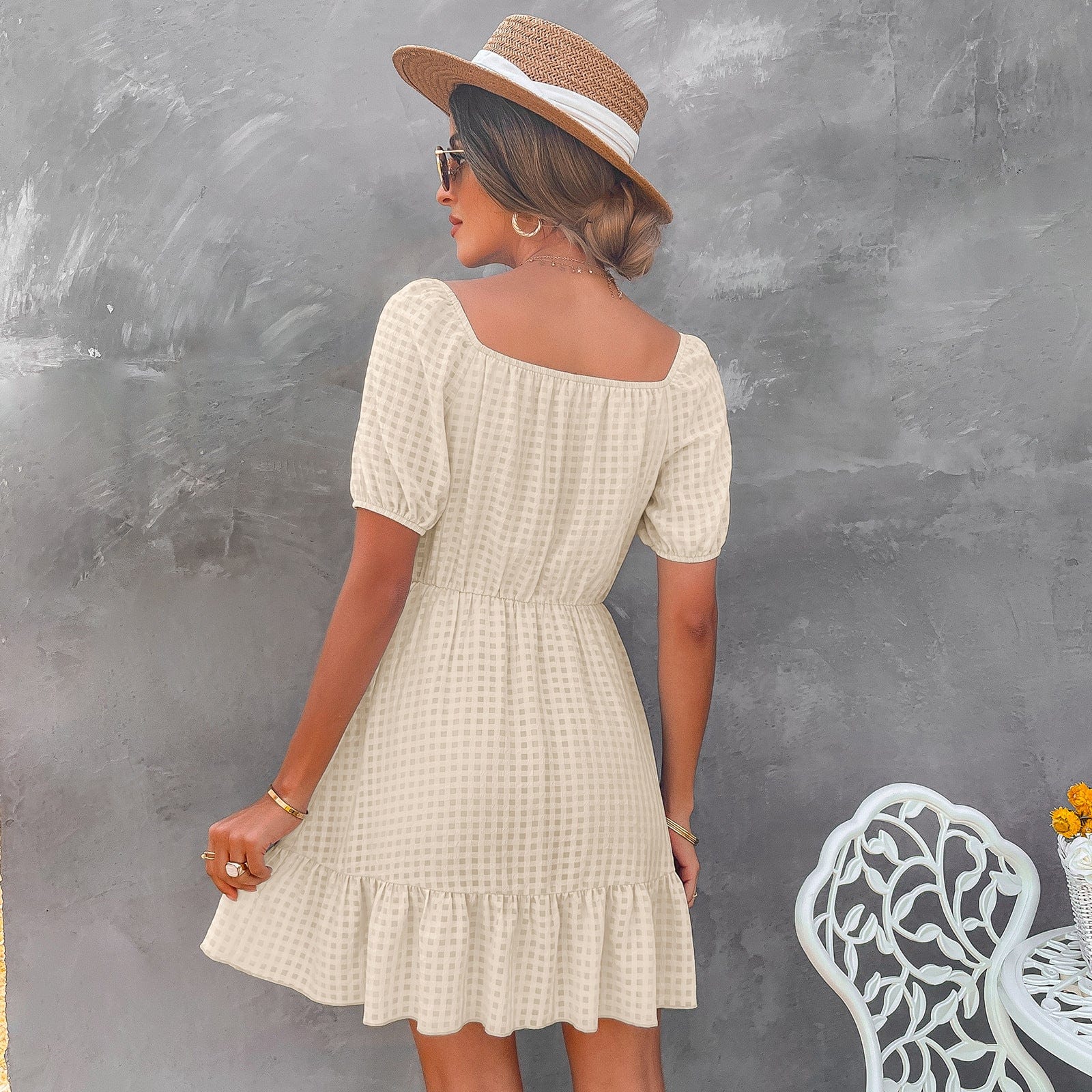 Tie Neck Gingham Print Dress - Image 11