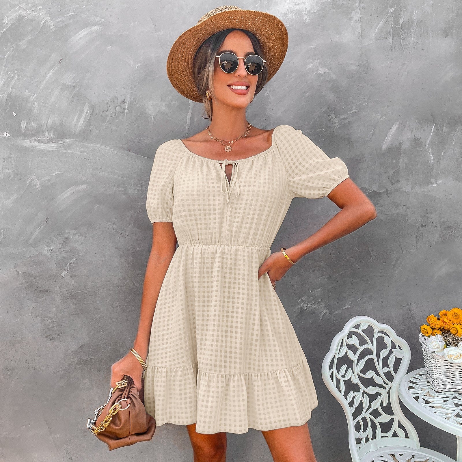 Tie Neck Gingham Print Dress - Image 12