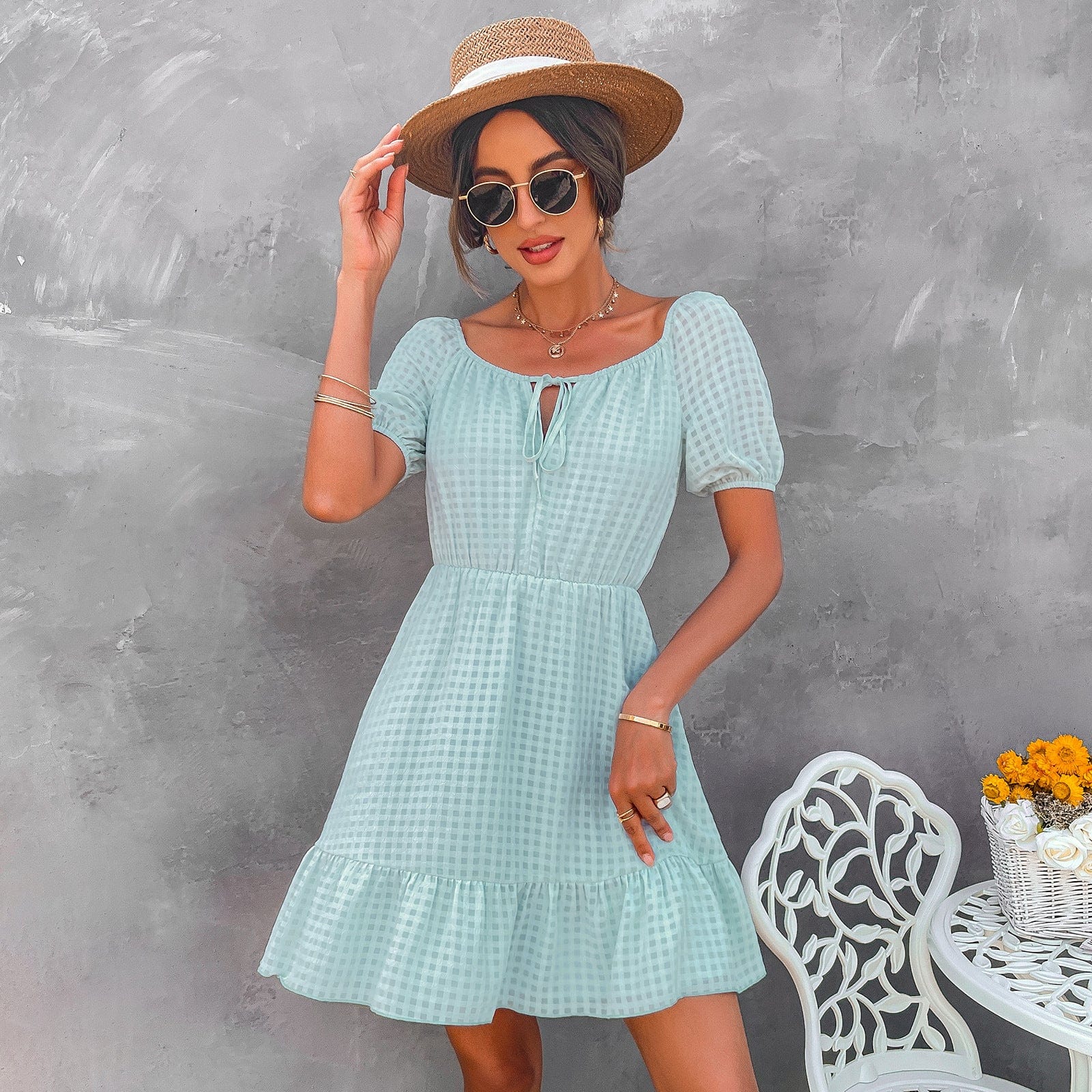 Tie Neck Gingham Print Dress - Image 3
