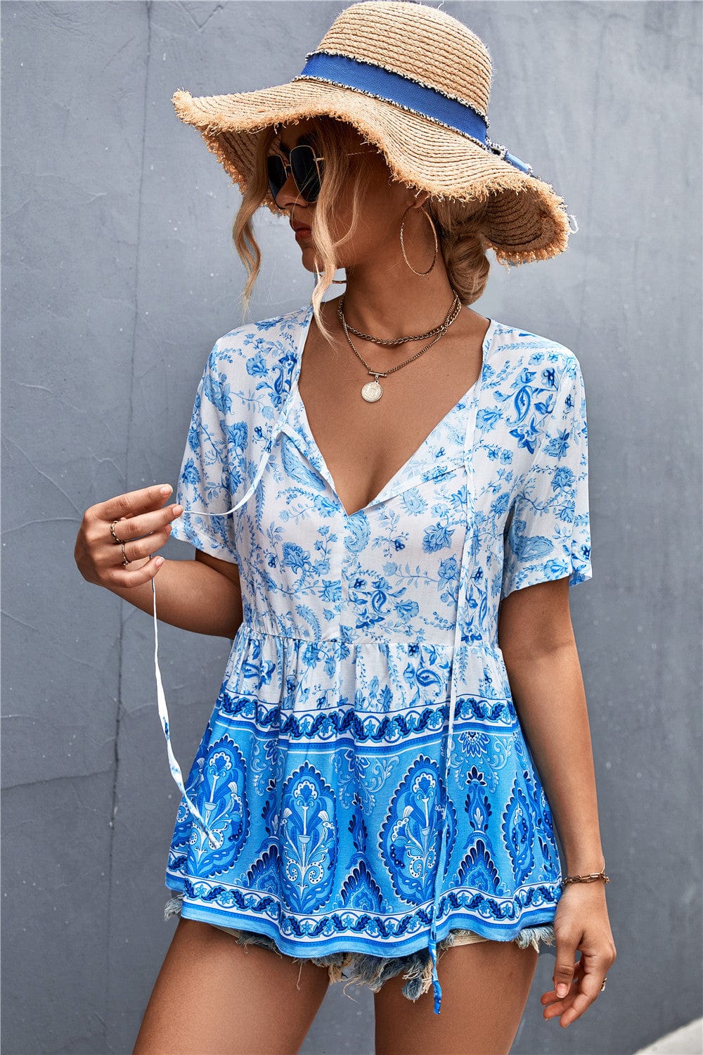 Tie Neck Loose Boho Blouse - Image 3