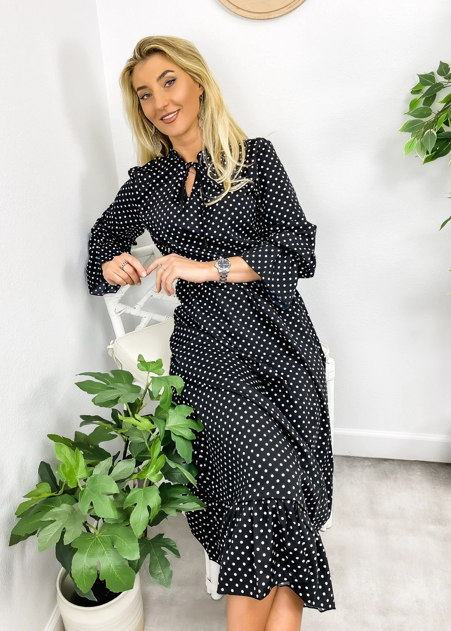 Tie Neck Polka Dot Print Dress - Image 2