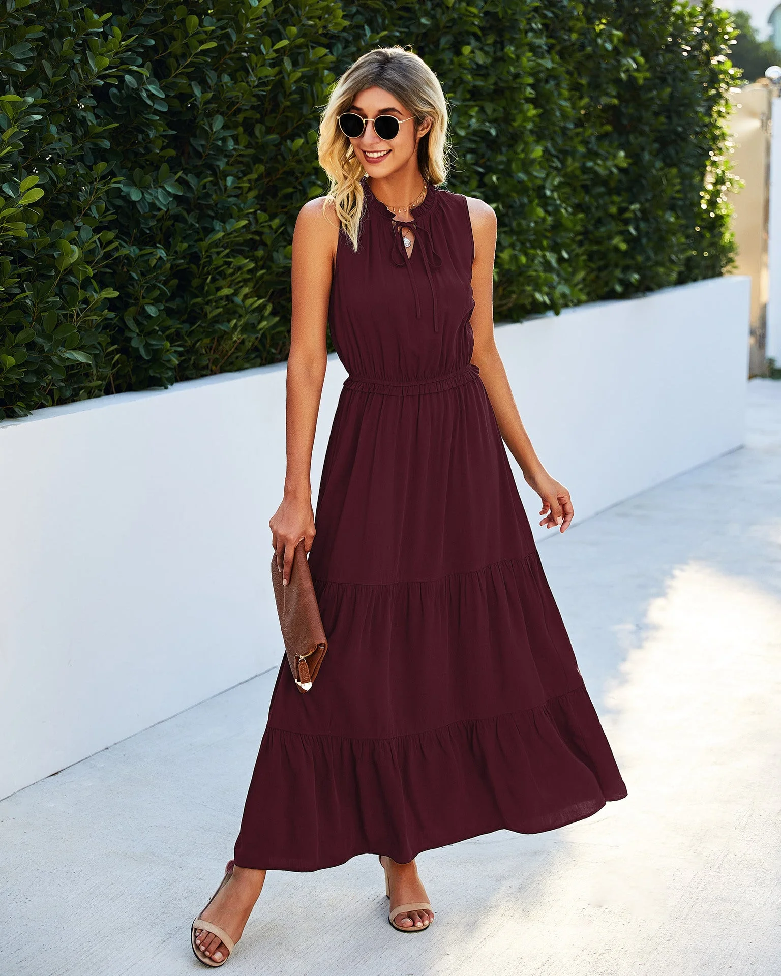 Tie Neck Solid Maxi Dress - Image 13