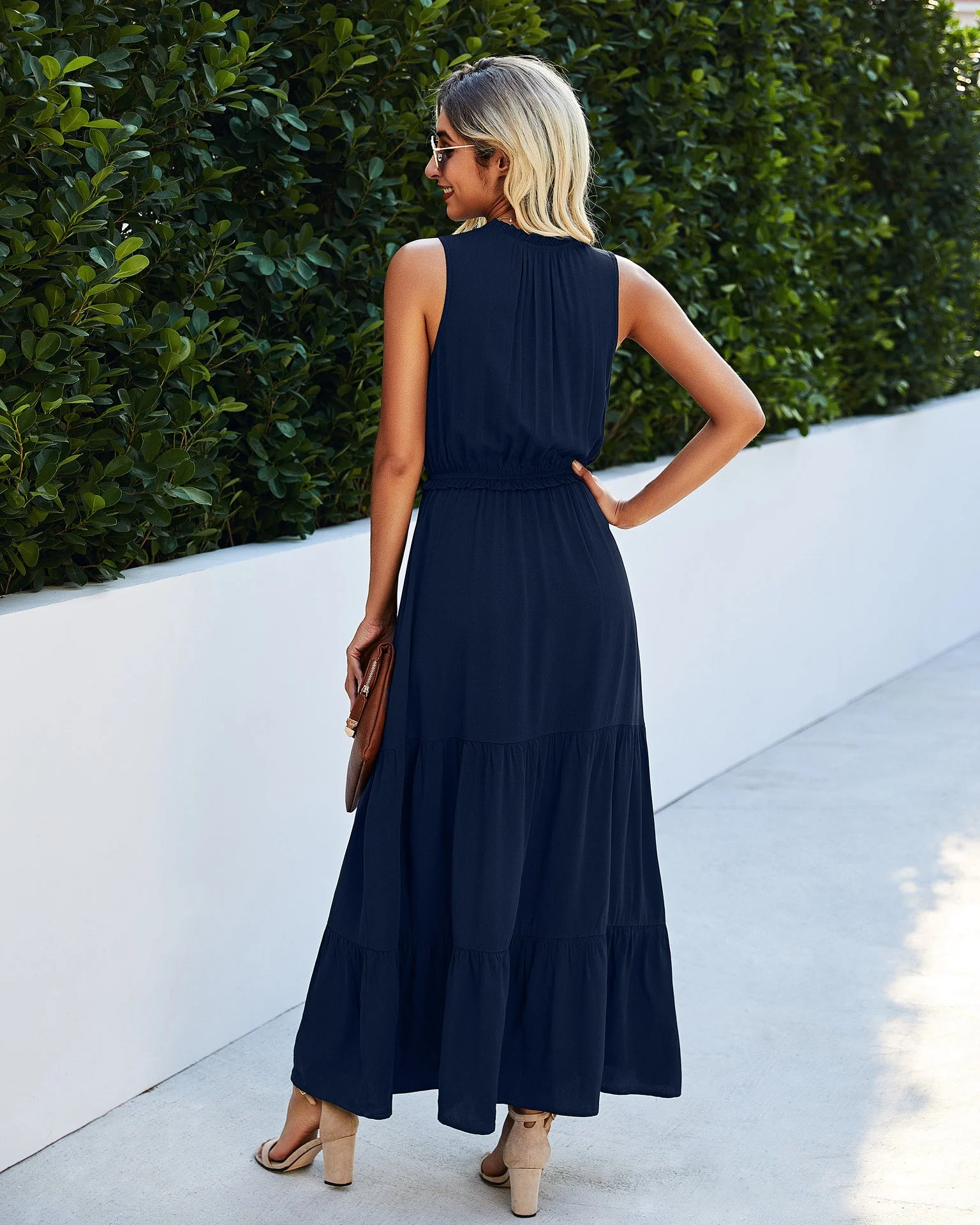 Tie Neck Solid Maxi Dress - Image 14