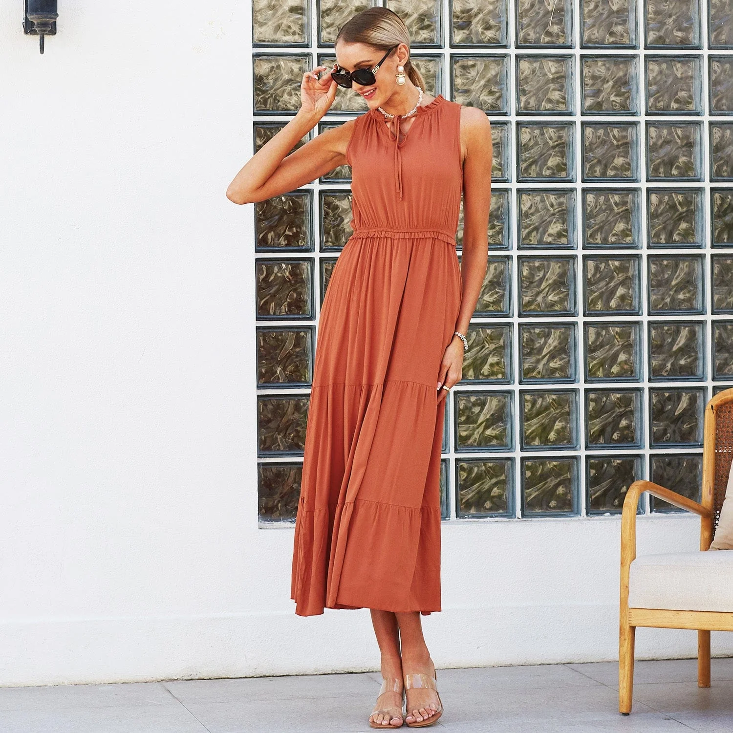 Tie Neck Solid Maxi Dress - Image 3