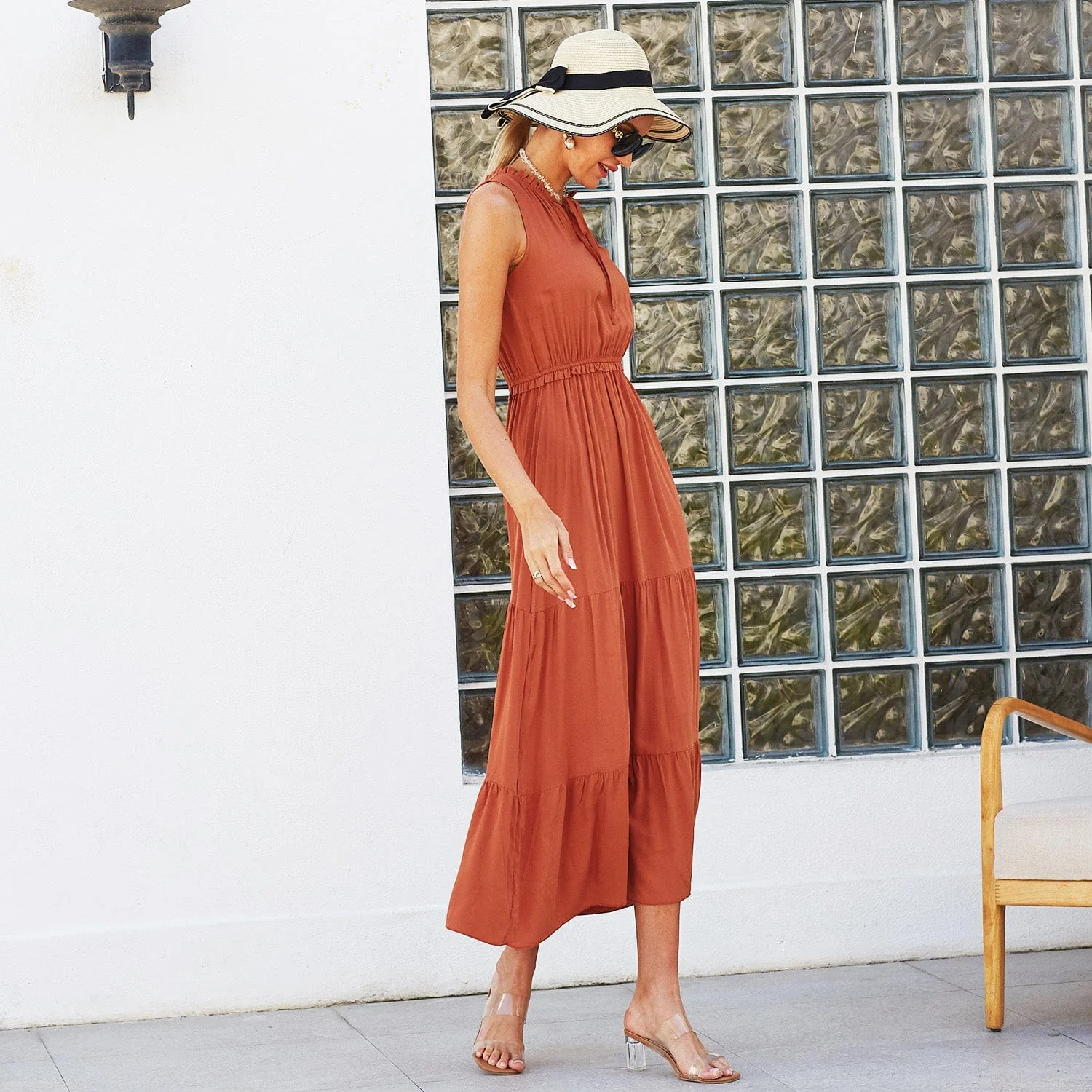 Tie Neck Solid Maxi Dress - Image 4