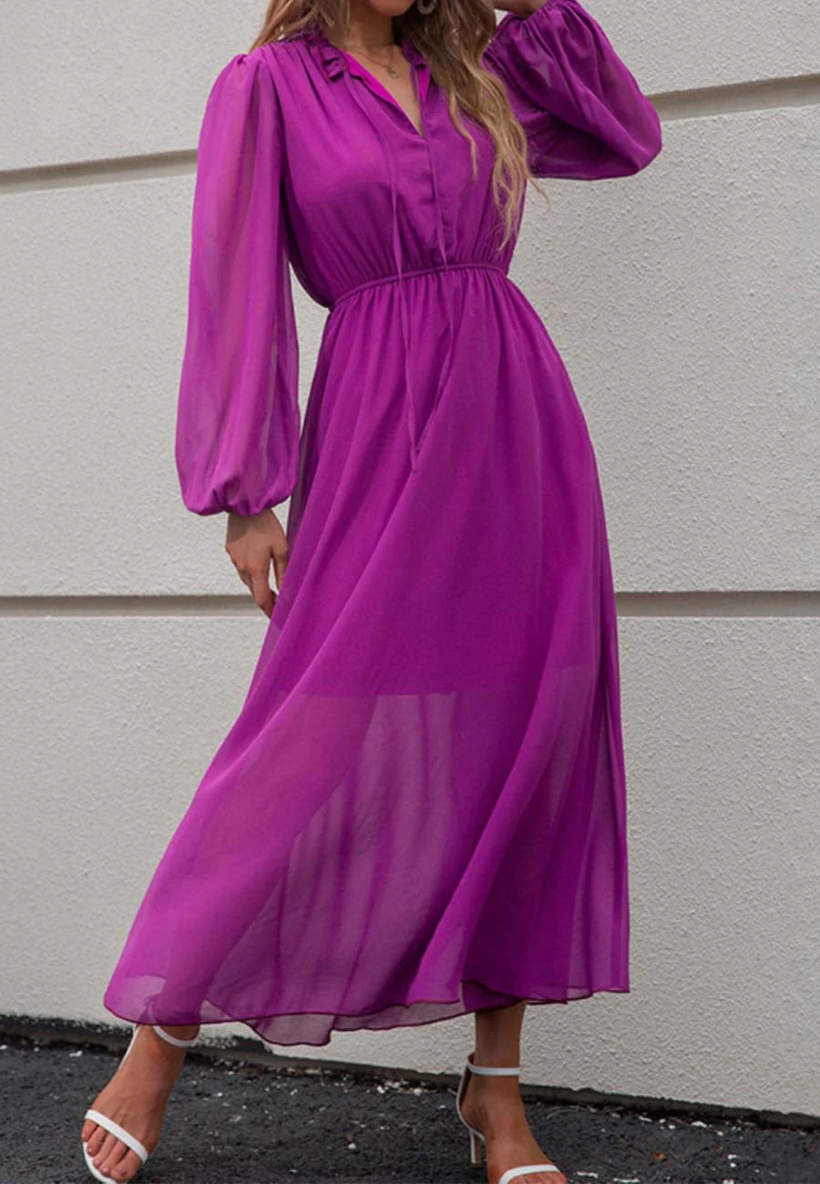Tie Ruffle Neck Bishop Sleeve Dress - Image 2
