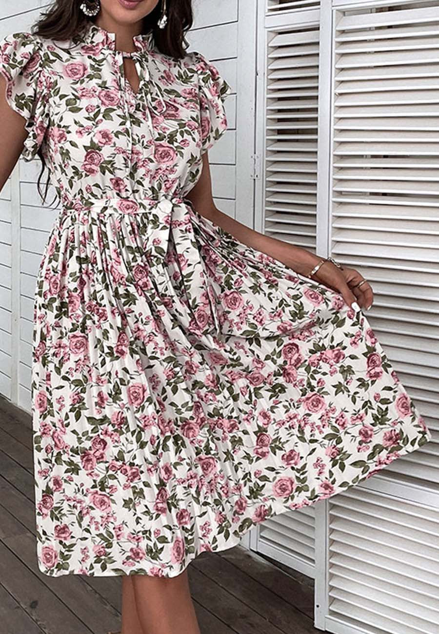 Tie Ruffle Neck Pleated Dress - Image 2