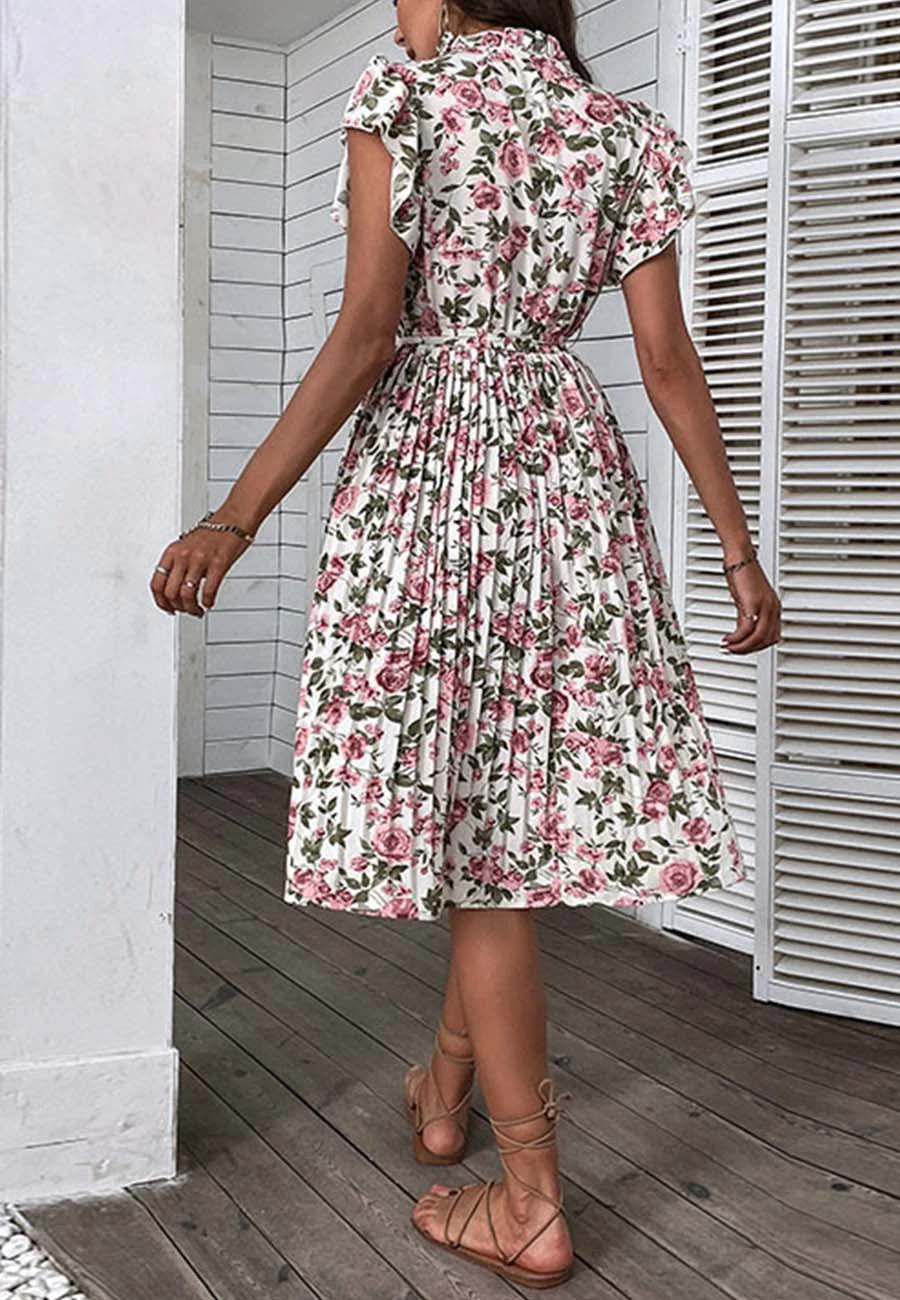 Tie Ruffle Neck Pleated Dress - Image 3