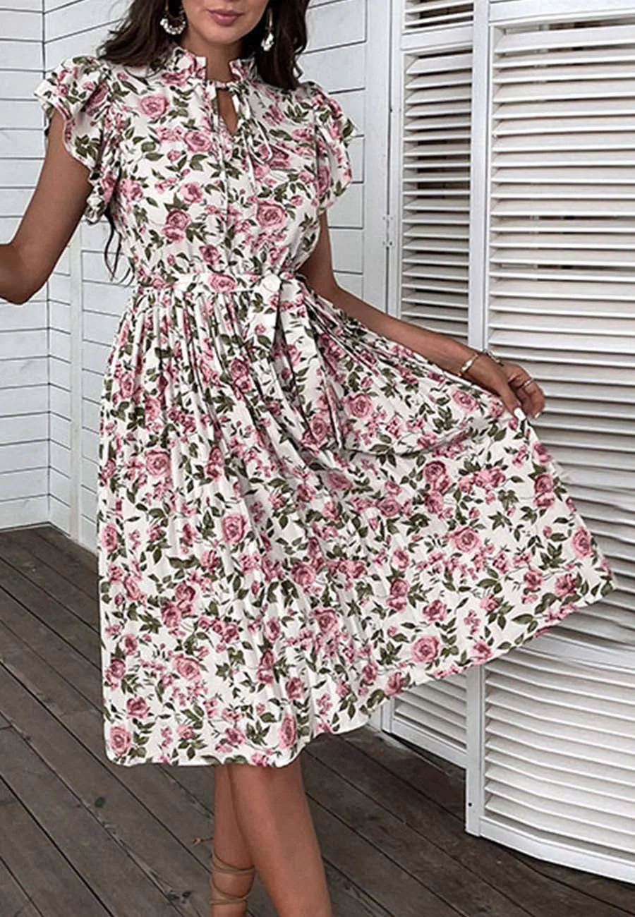 Tie Ruffle Neck Pleated Dress - Image 4