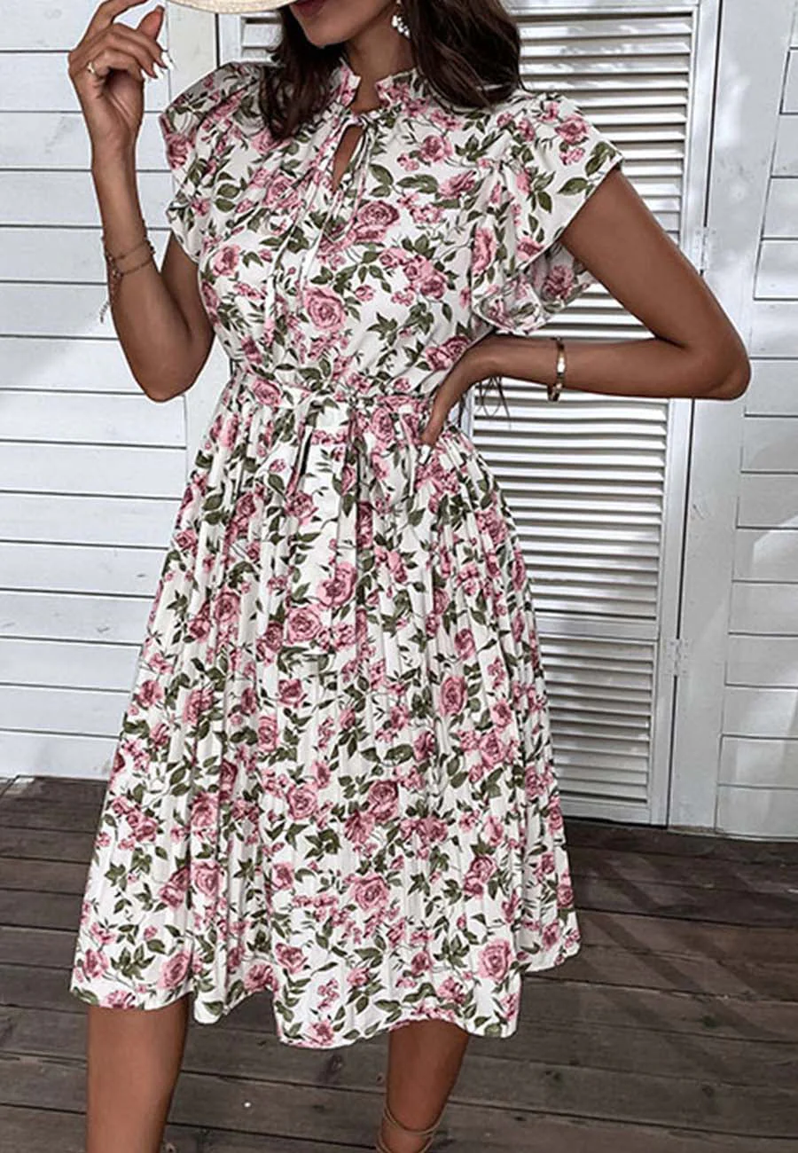 Tie Ruffle Neck Pleated Dress - Image 5