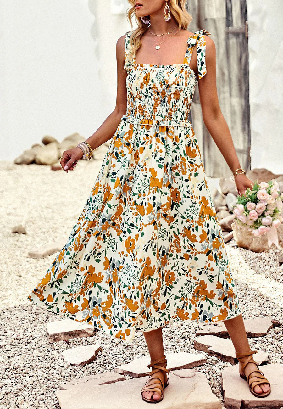 Tie-Shoulder Printed Shirred Dress - Image 10