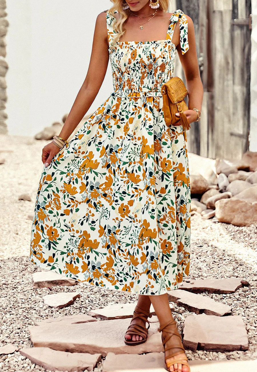 Tie-Shoulder Printed Shirred Dress - Image 11