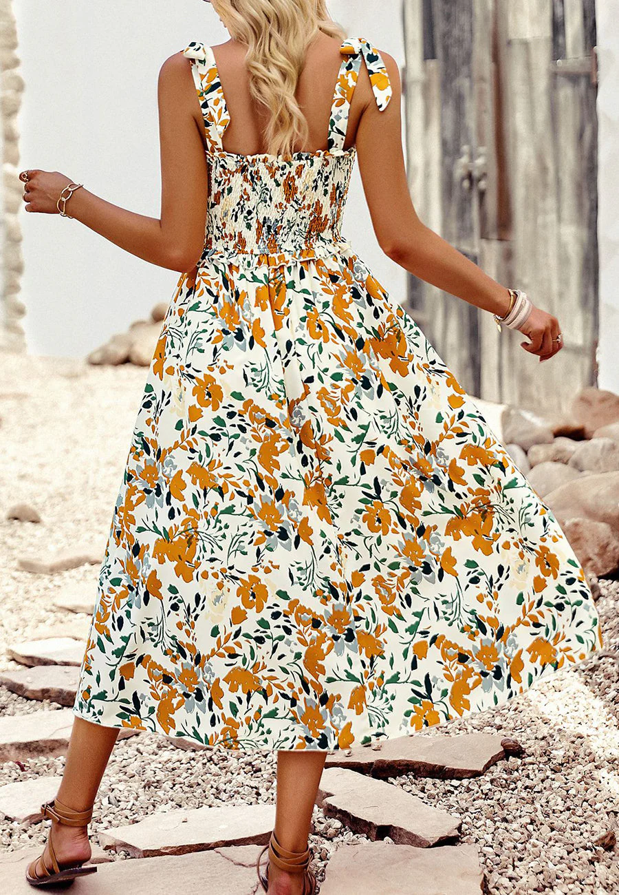 Tie-Shoulder Printed Shirred Dress - Image 13