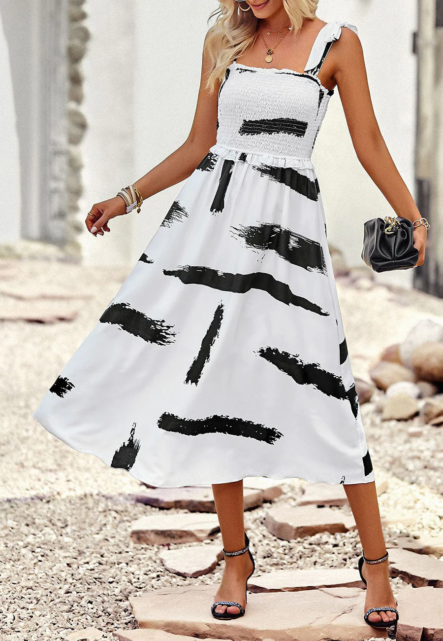 Tie-Shoulder Printed Shirred Dress - Image 14