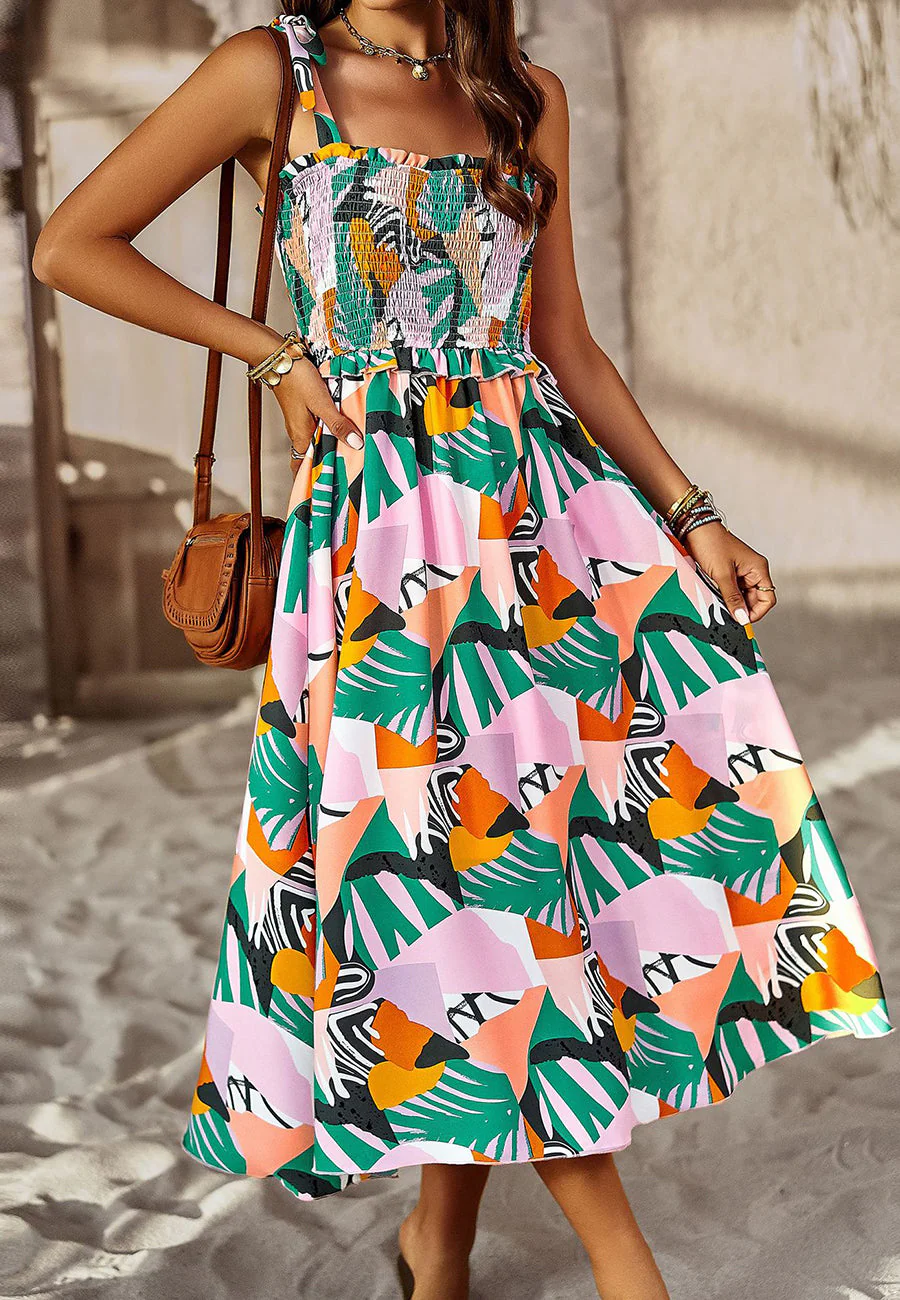 Tie-Shoulder Printed Shirred Dress - Image 2