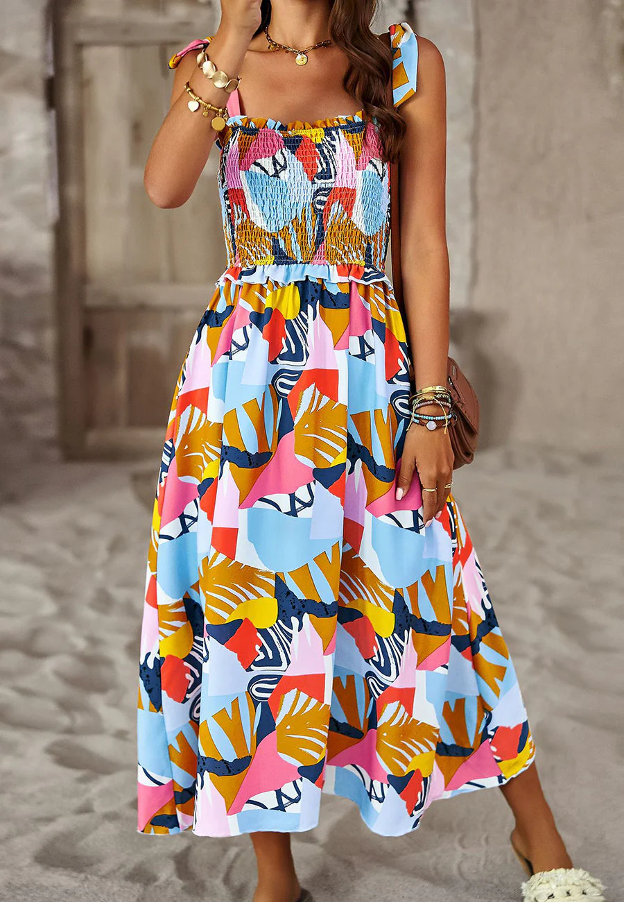 Tie-Shoulder Printed Shirred Dress - Image 20